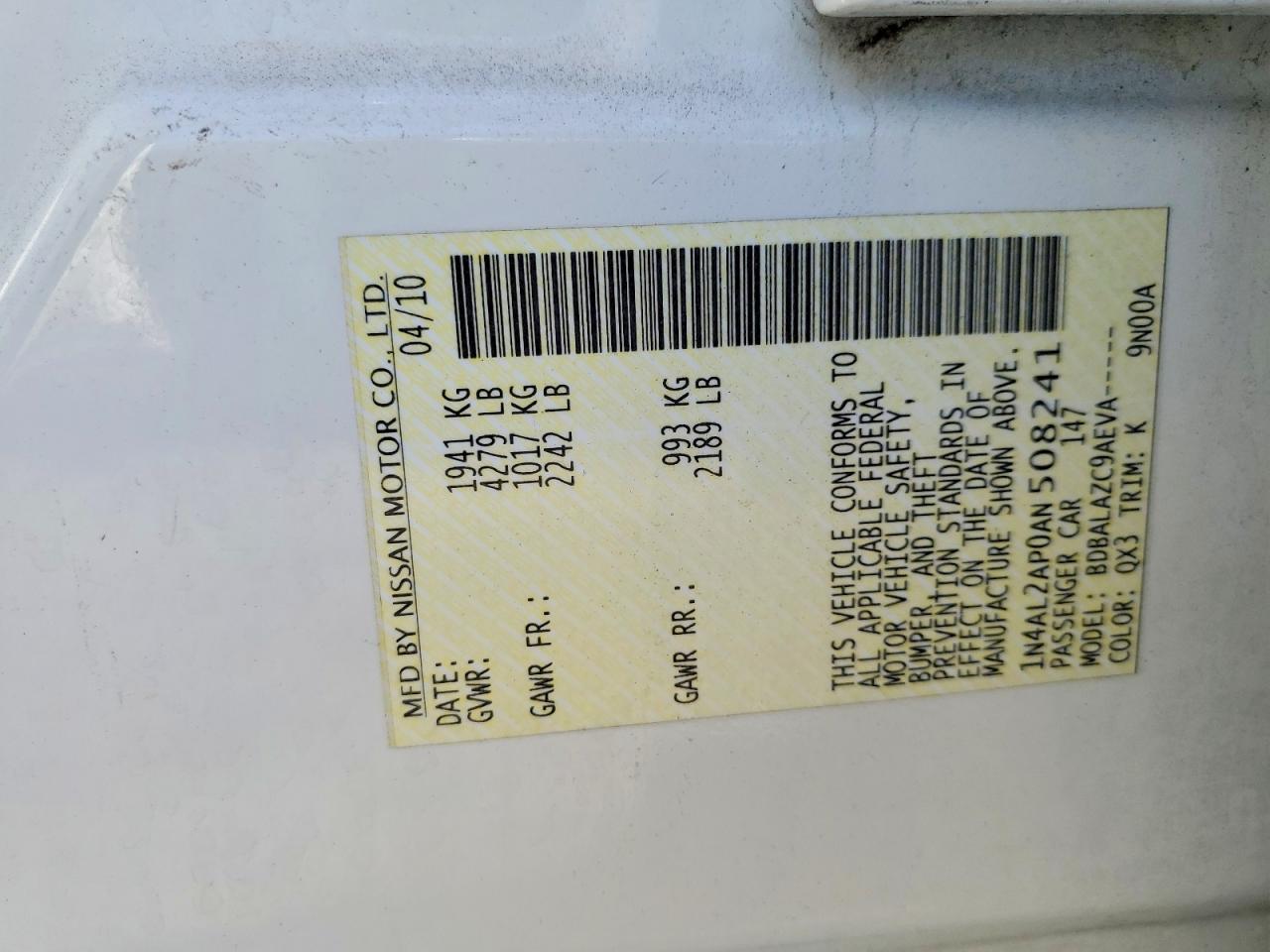 2010 Nissan Altima 2.5 White vin: 1N4AL2AP0AN508241