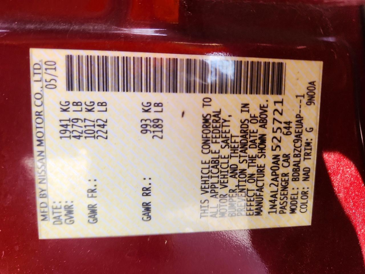 2010 Nissan Altima 2.5 Red vin: 1N4AL2AP0AN525721