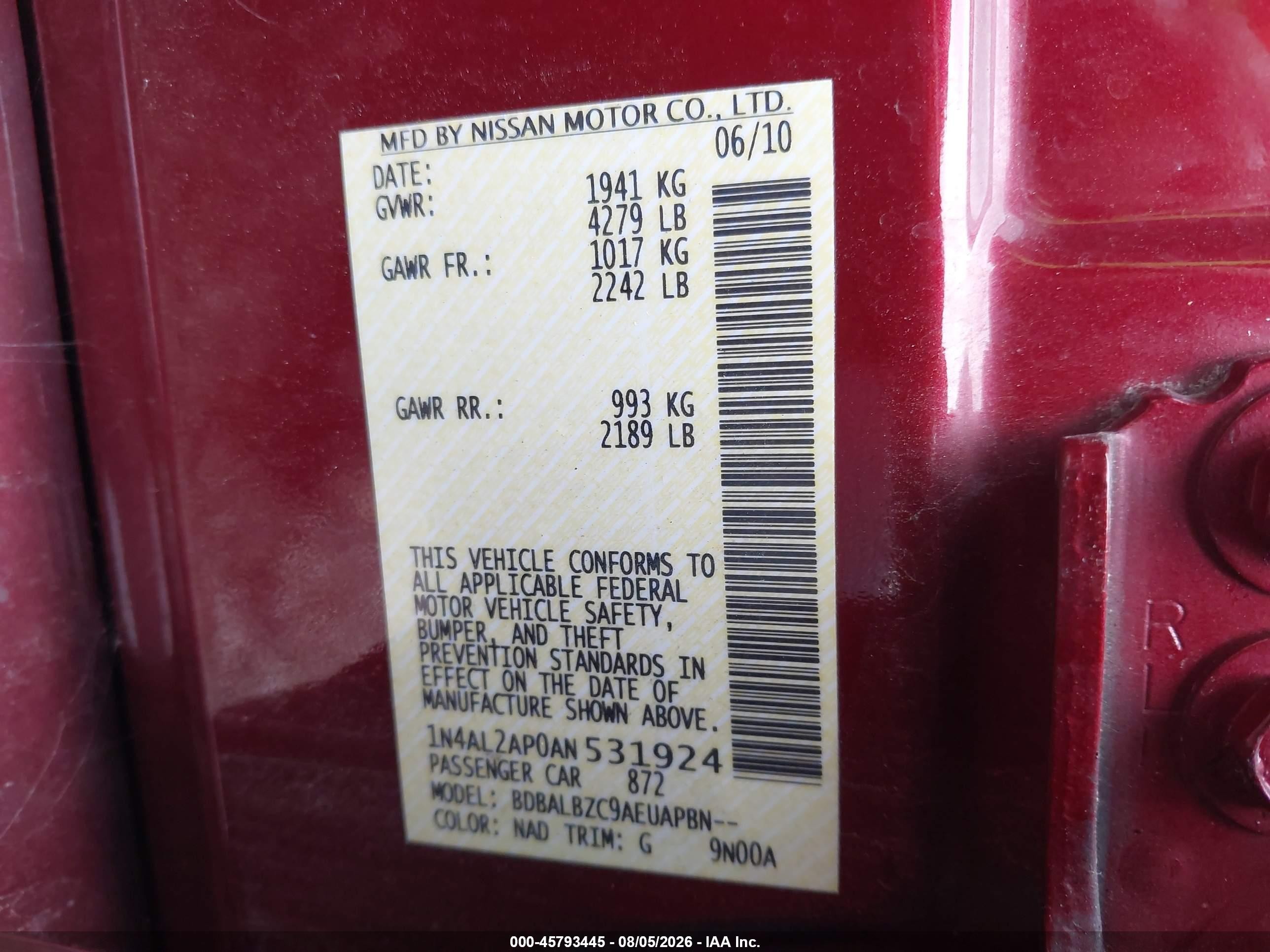 2010 Nissan Altima 2.5 S Burgundy vin: 1N4AL2AP0AN531924