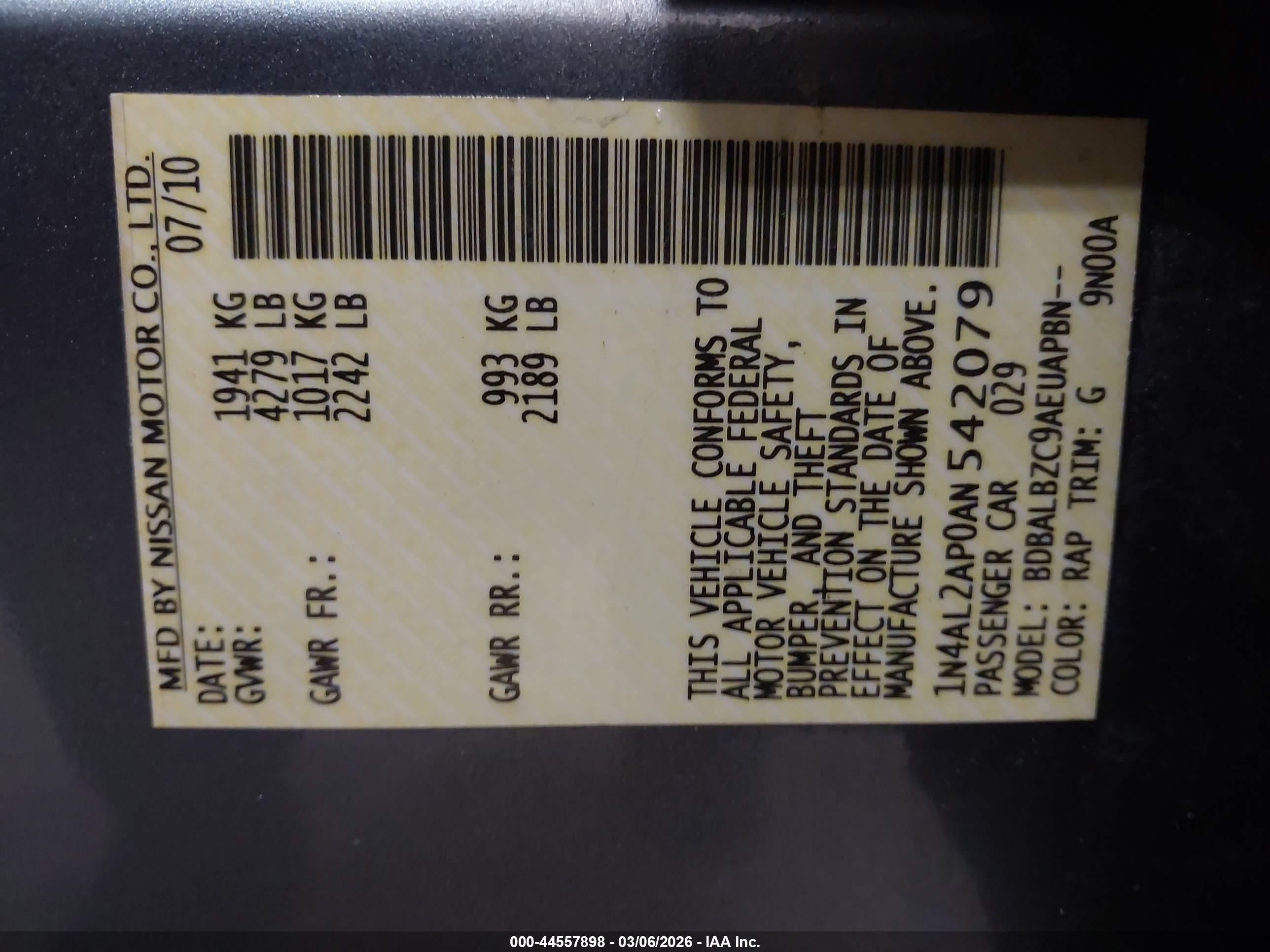 2010 Nissan Altima 2.5 S Blue vin: 1N4AL2AP0AN542079