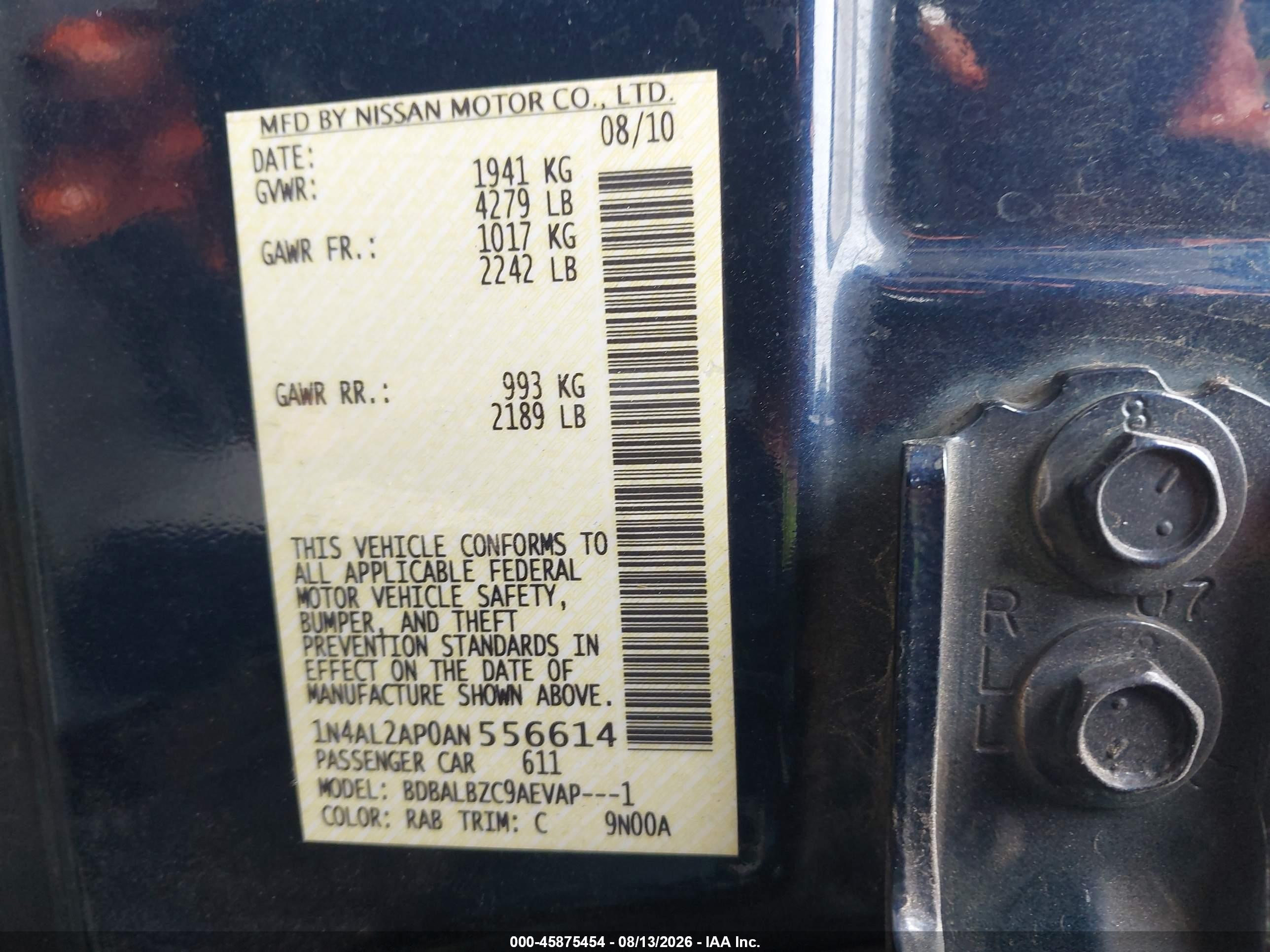 2010 Nissan Altima 2.5 S Blue vin: 1N4AL2AP0AN556614