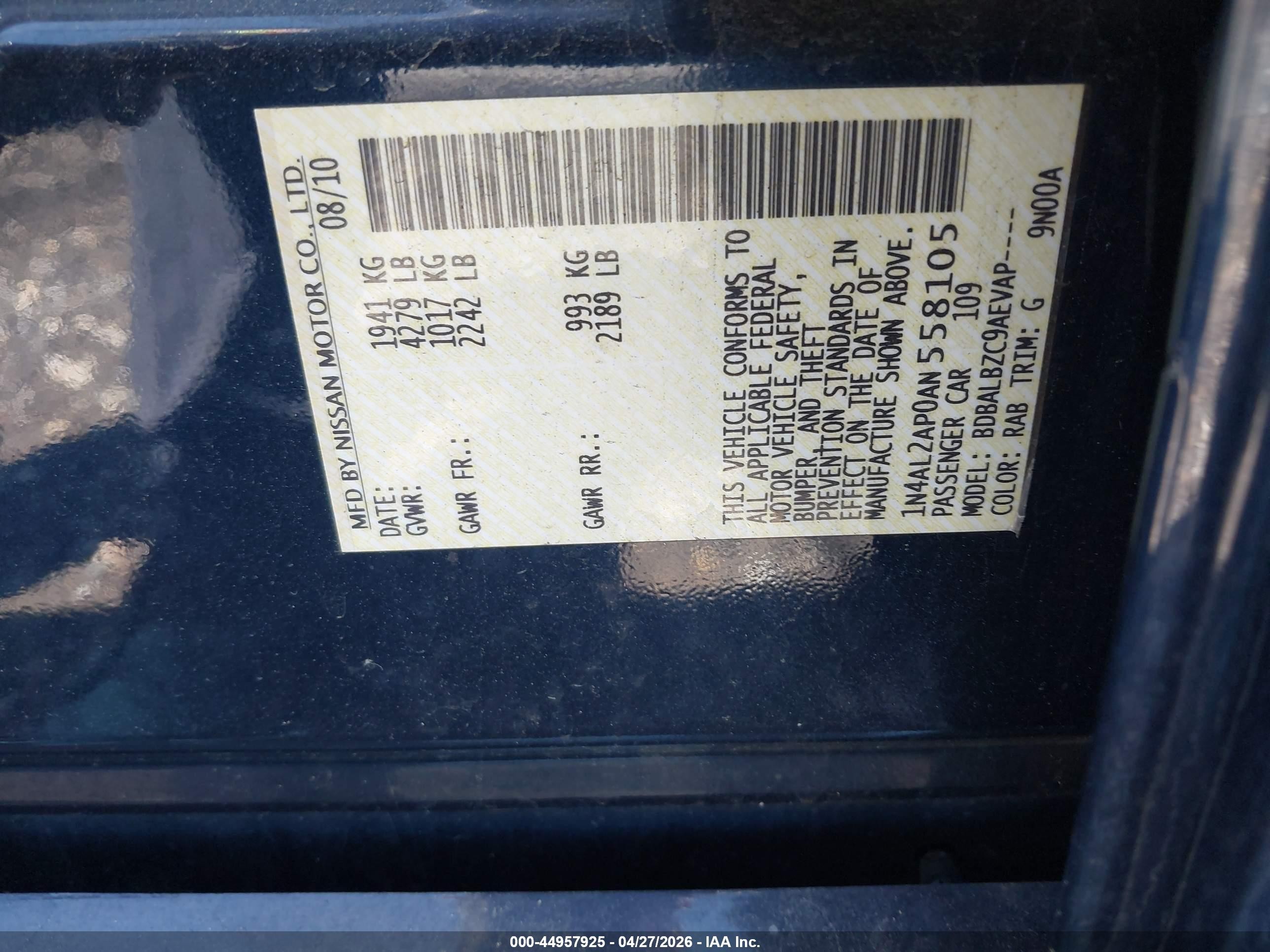 2010 Nissan Altima 2.5 S Blue vin: 1N4AL2AP0AN558105