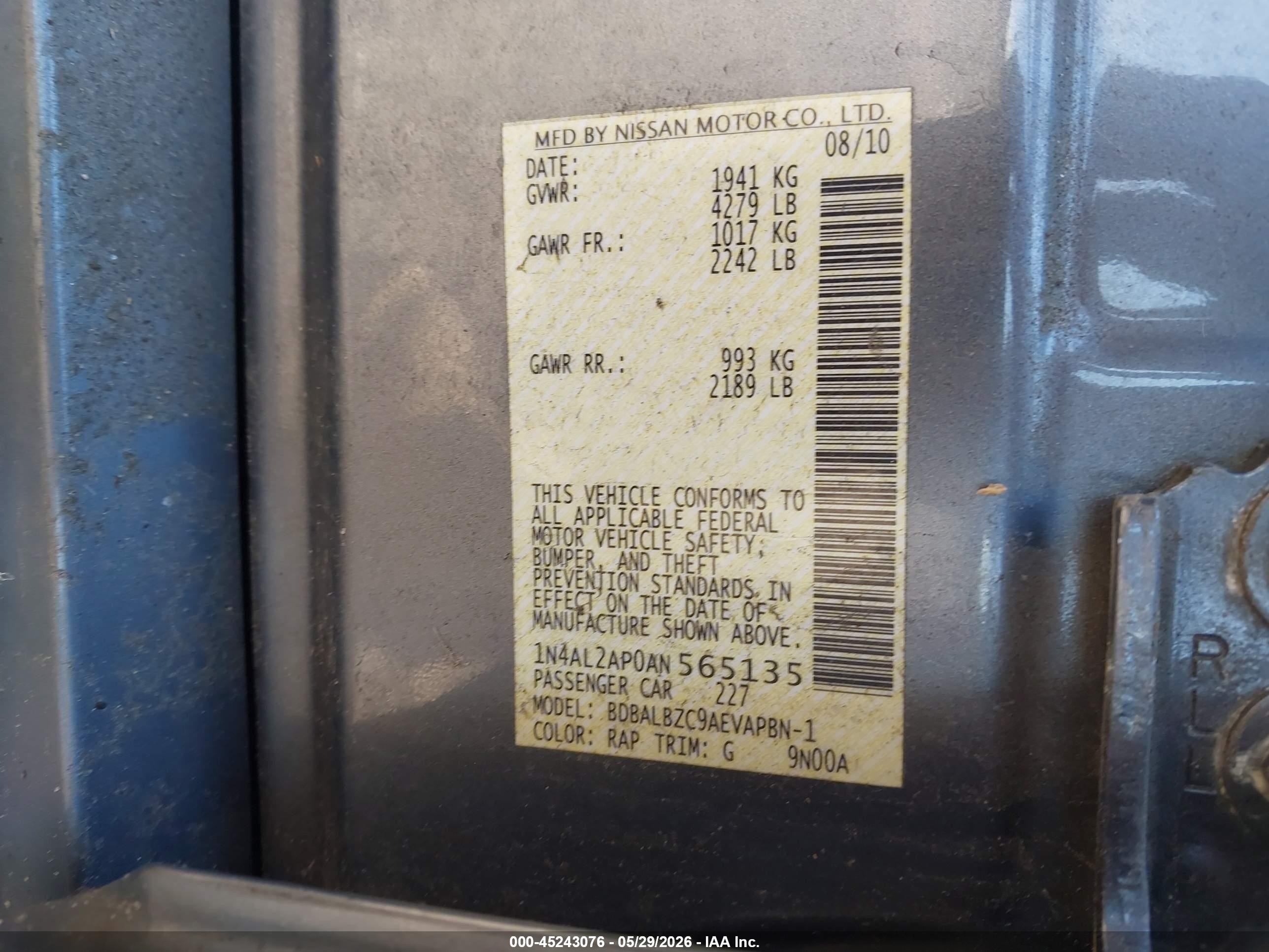 2010 Nissan Altima 2.5 S Blue vin: 1N4AL2AP0AN565135