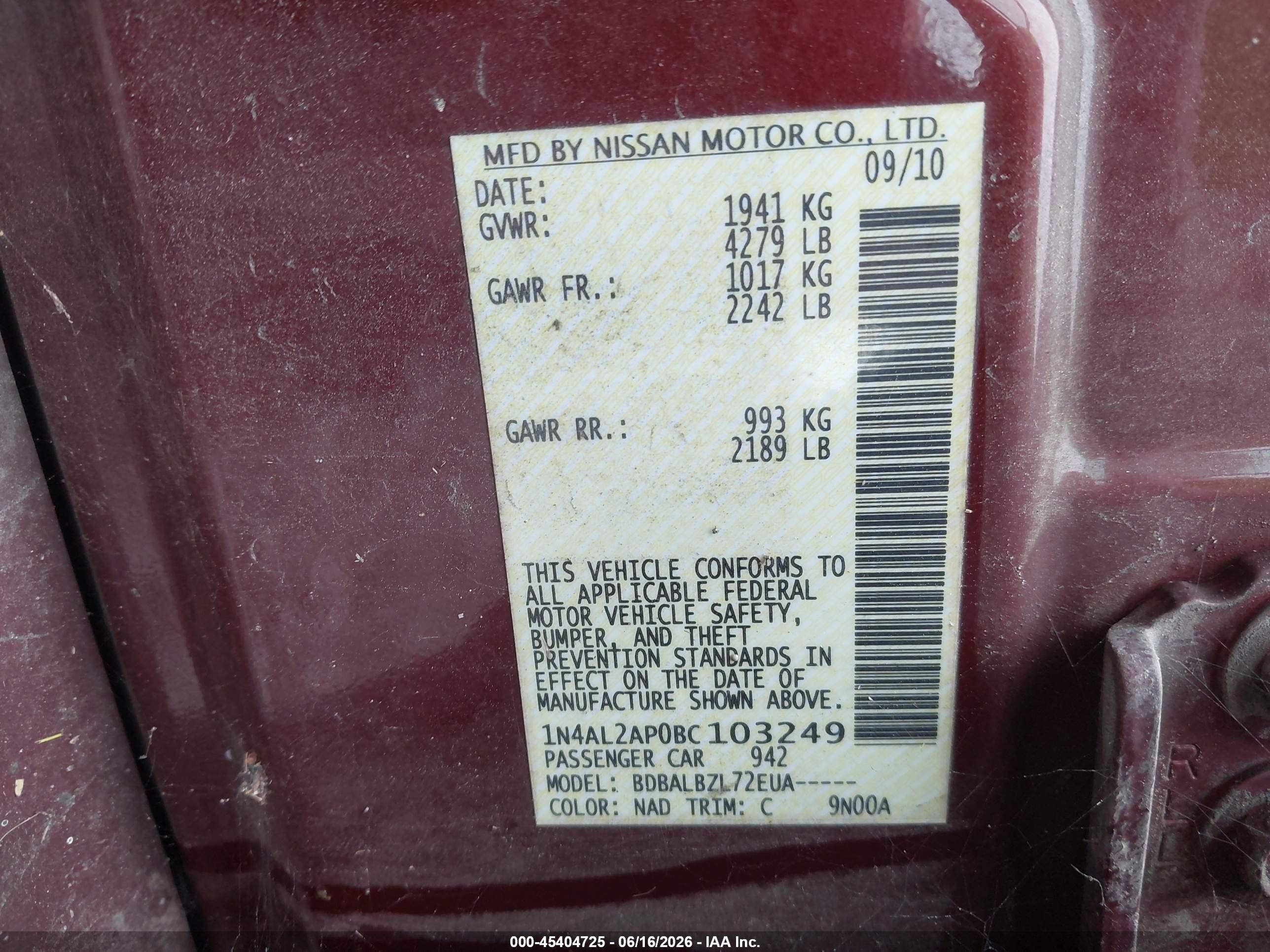 2011 Nissan Altima 2.5 S Maroon vin: 1N4AL2AP0BC103249