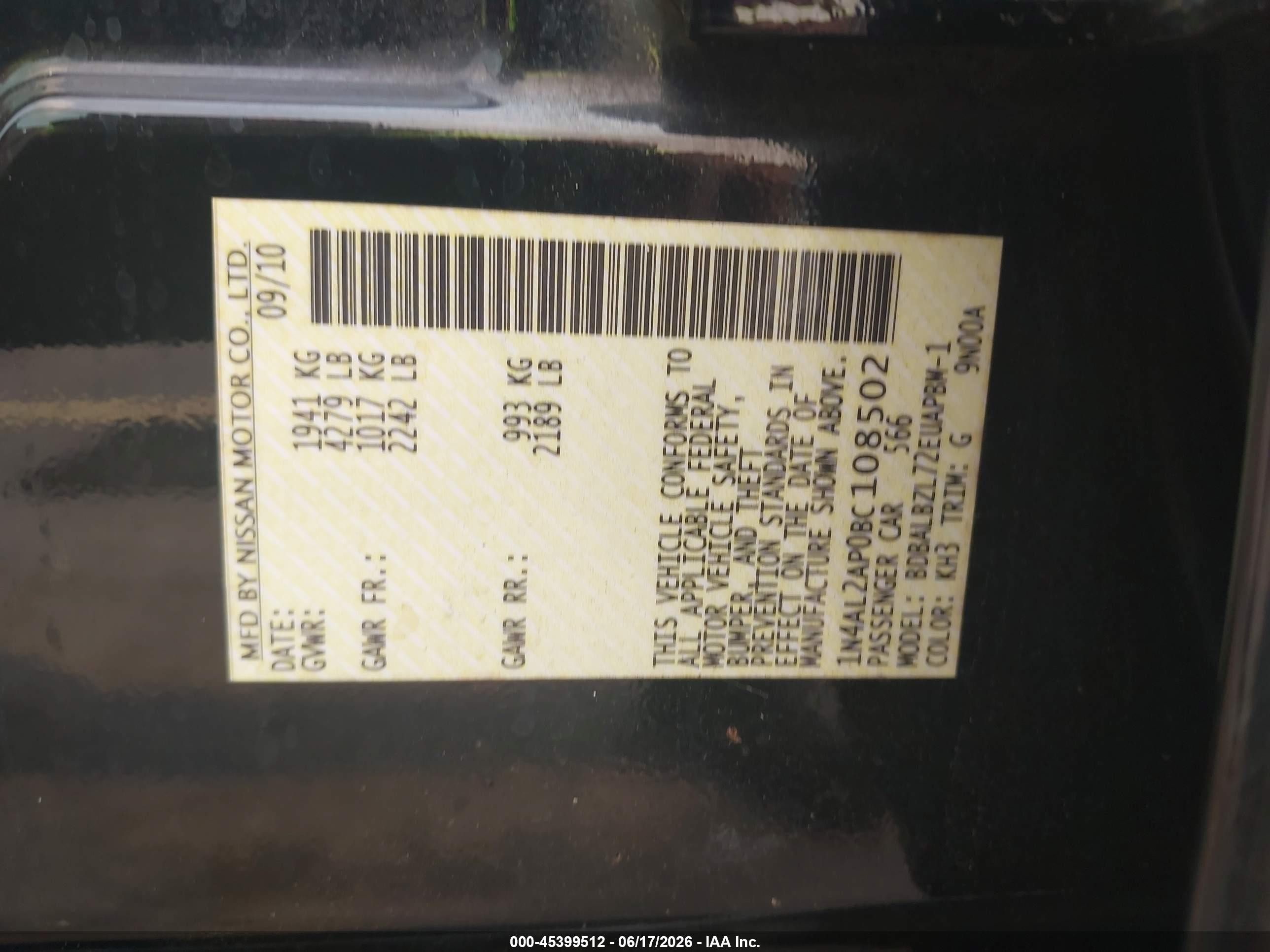 2011 Nissan Altima 2.5 S Black vin: 1N4AL2AP0BC108502