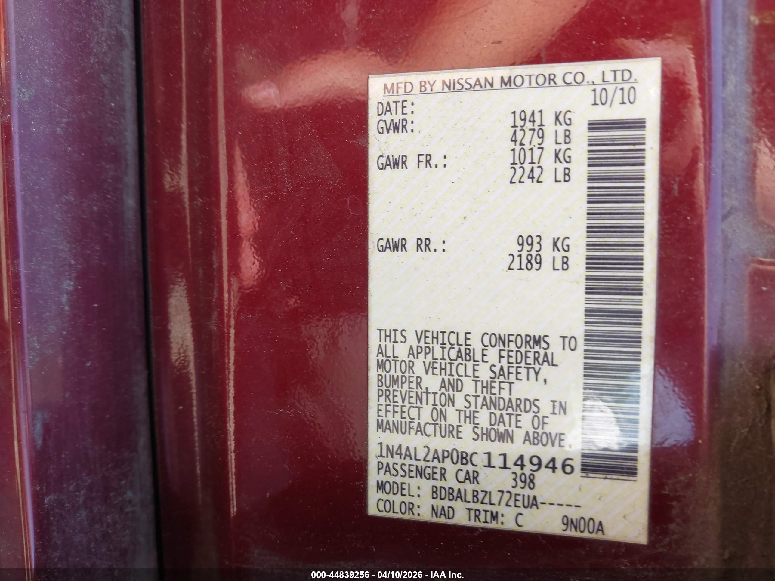 2011 Nissan Altima 2.5 S Red vin: 1N4AL2AP0BC114946