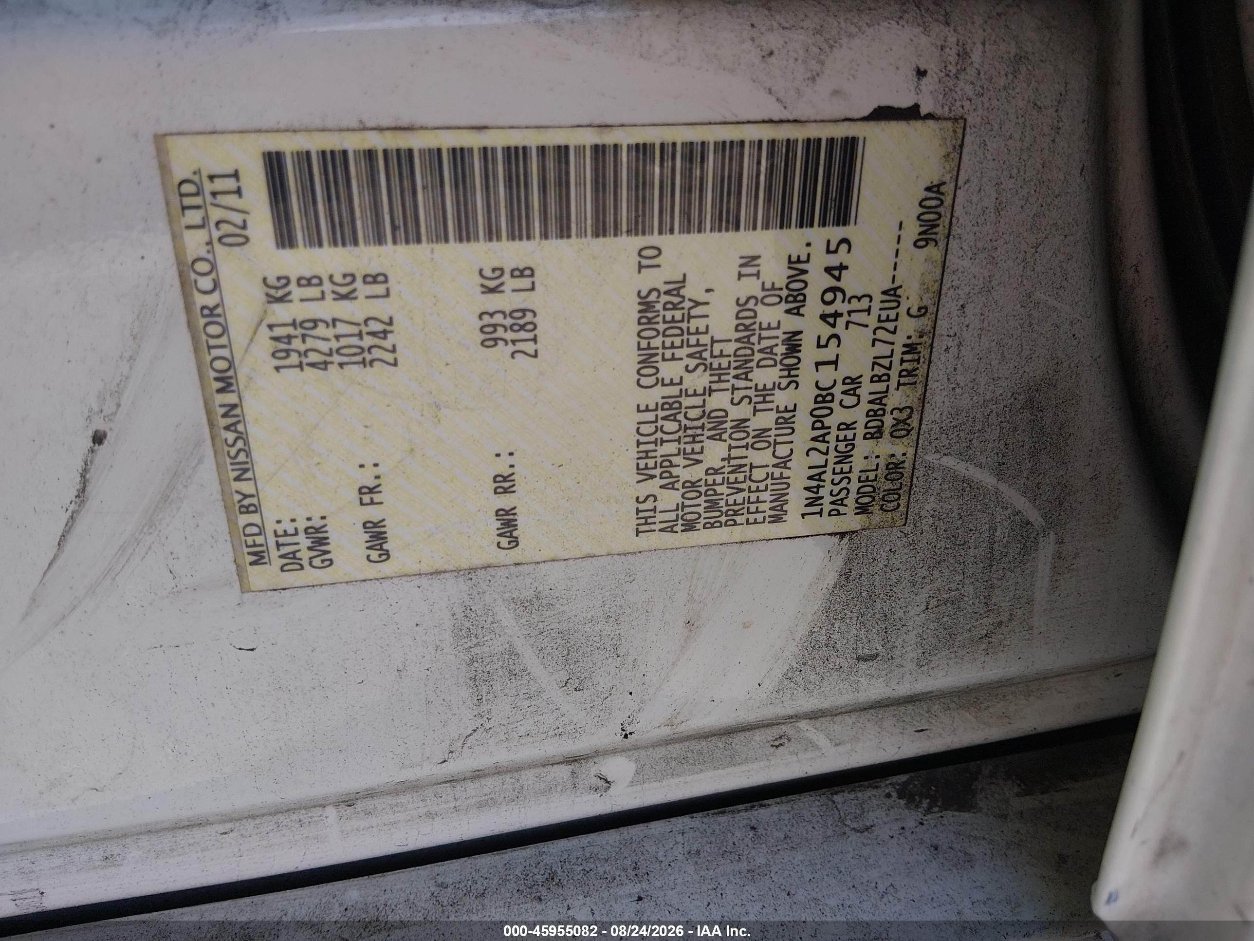 2011 Nissan Altima 2.5 S White vin: 1N4AL2AP0BC154945