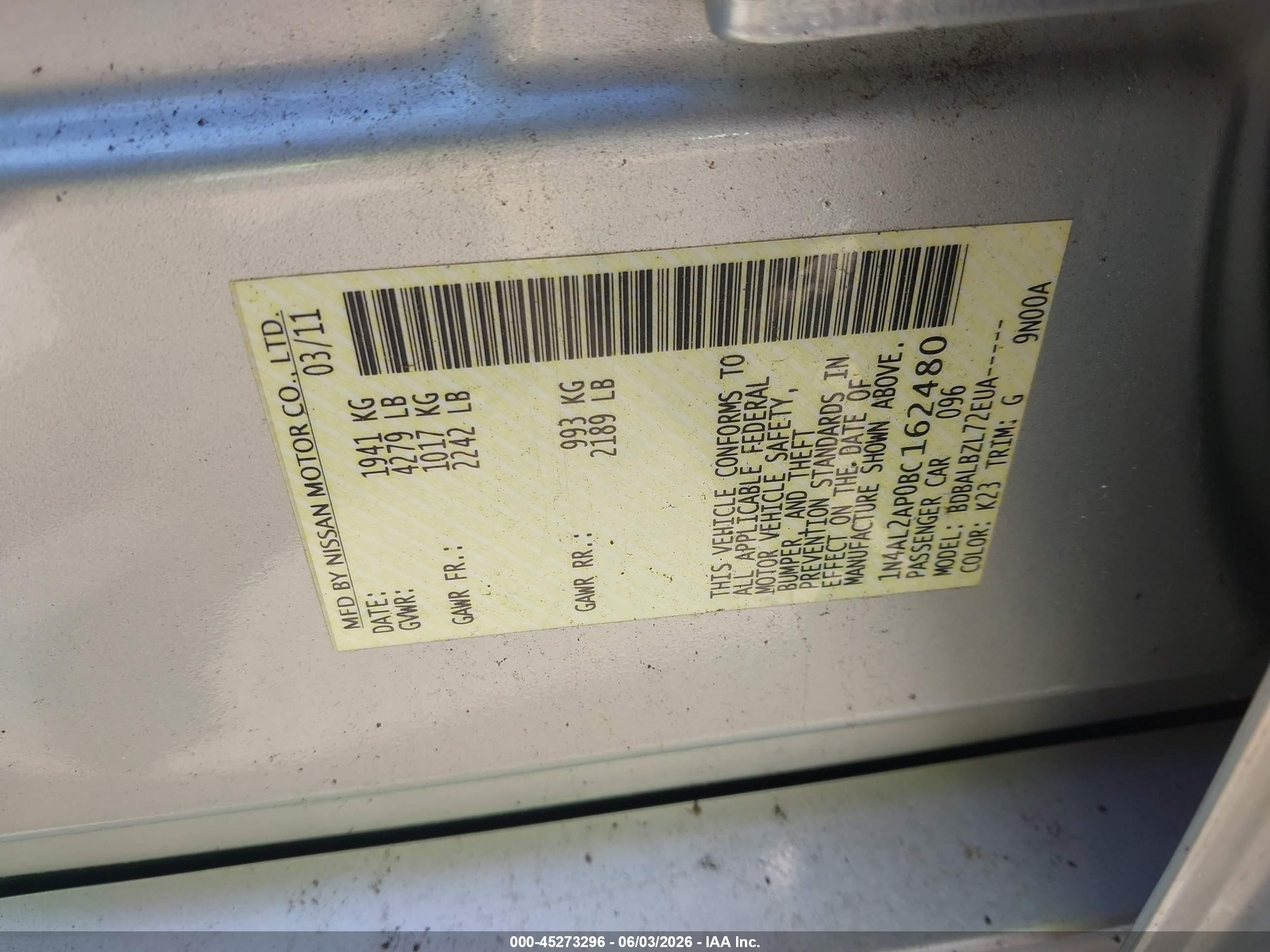 2011 Nissan Altima 2.5 S Silver vin: 1N4AL2AP0BC162480