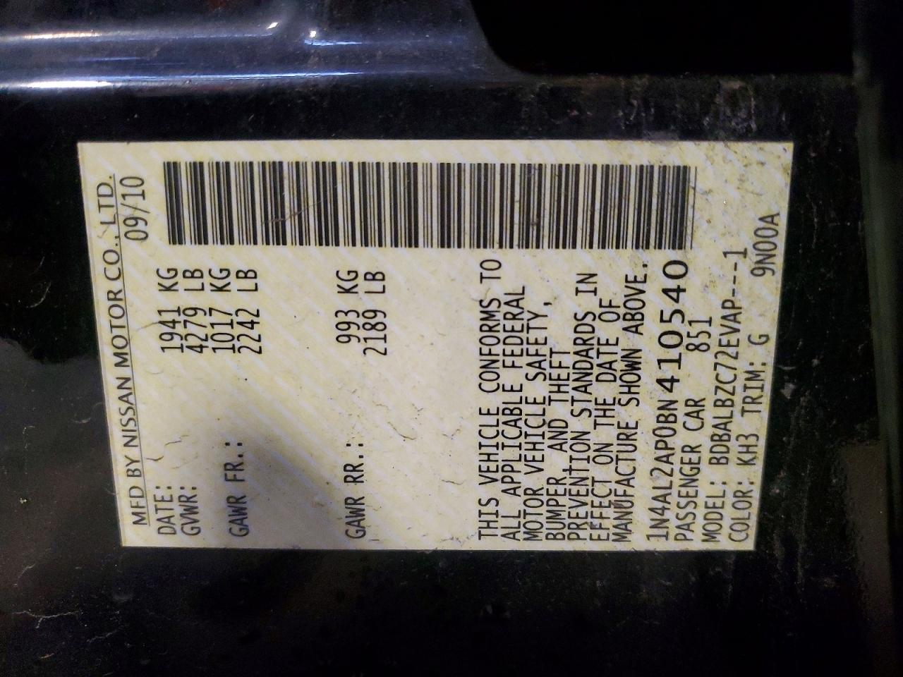 2011 Nissan Altima 2.5 Black vin: 1N4AL2AP0BN410540