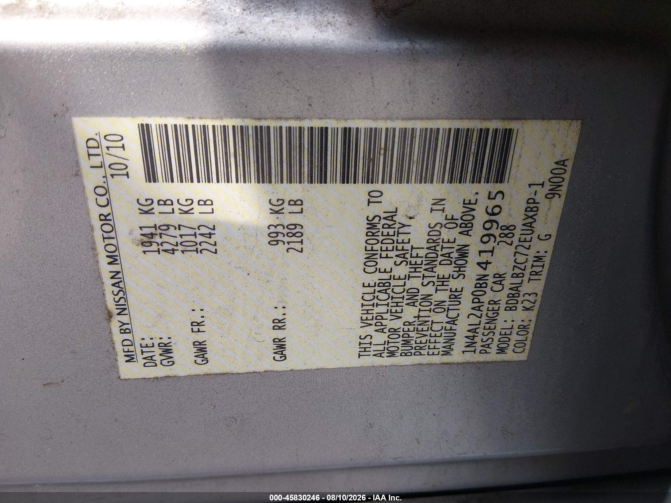 2011 Nissan Altima 2.5 S Silver vin: 1N4AL2AP0BN419965