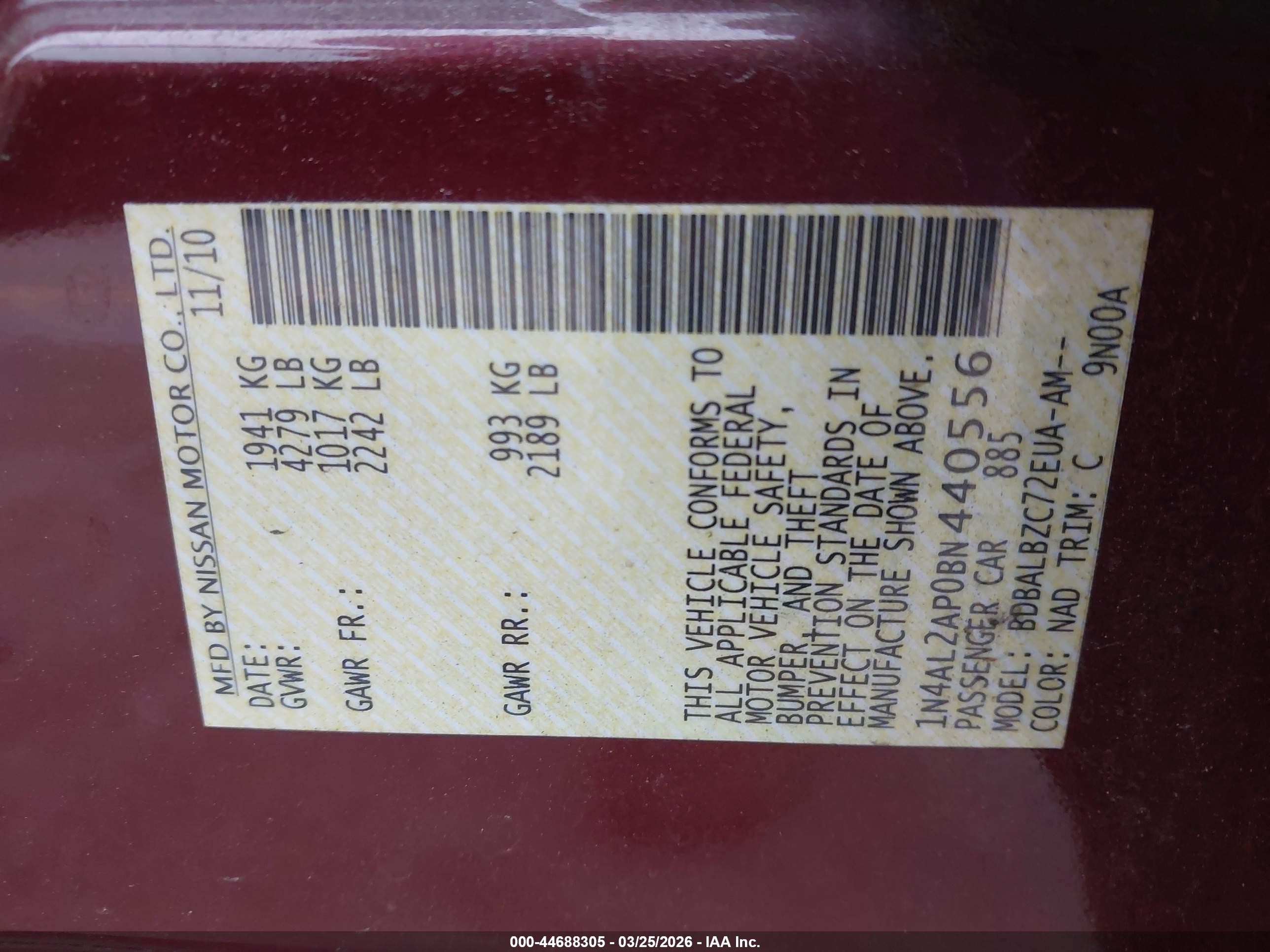 2011 Nissan Altima 2.5 S Burgundy vin: 1N4AL2AP0BN440556