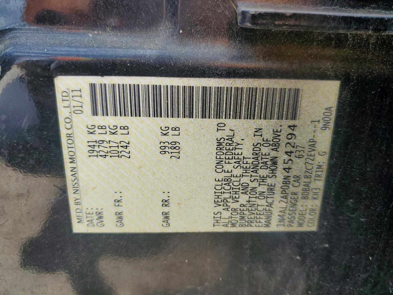 2011 Nissan Altima 2.5 Black vin: 1N4AL2AP0BN454294