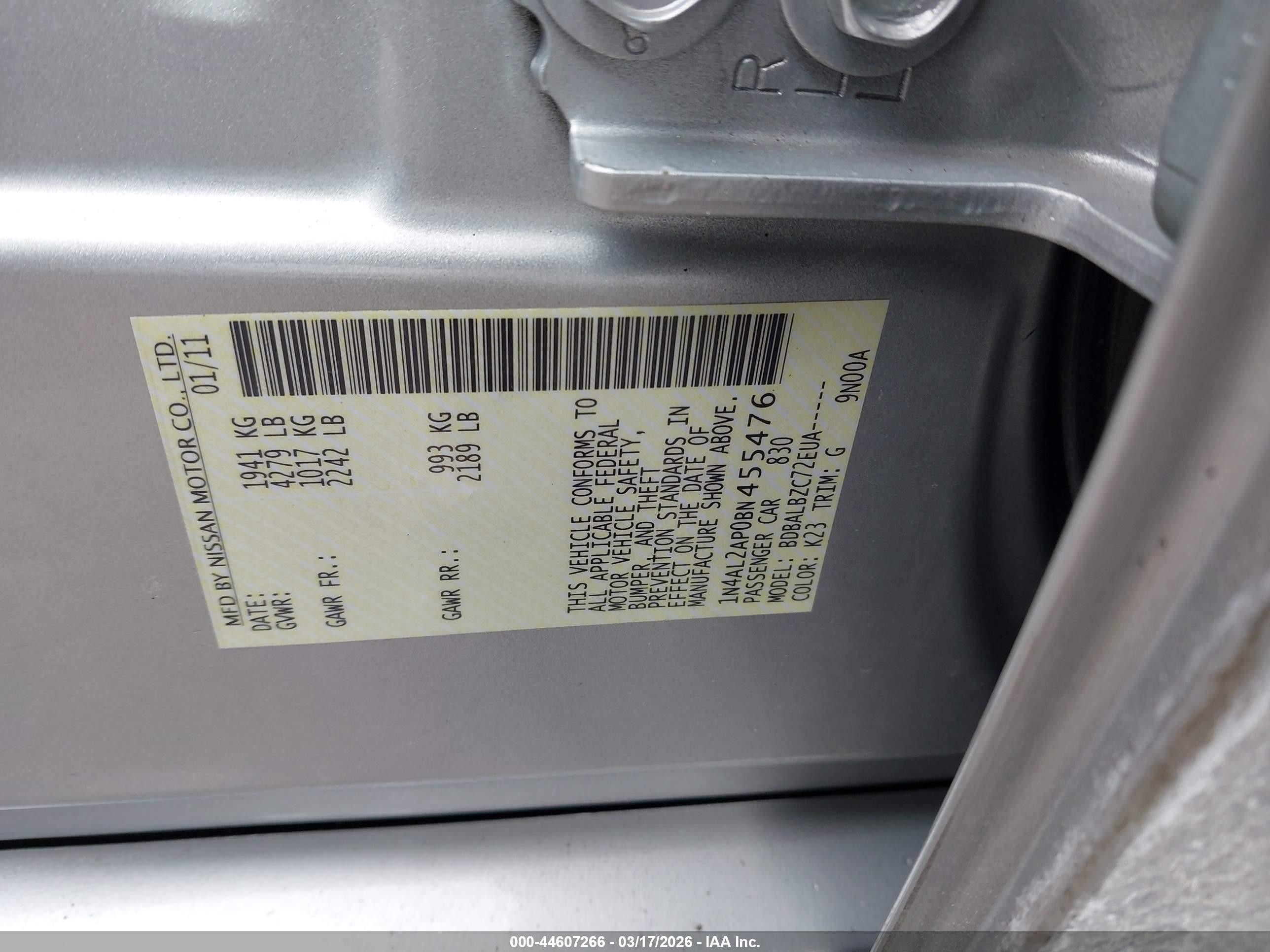2011 Nissan Altima 2.5 S Silver vin: 1N4AL2AP0BN455476