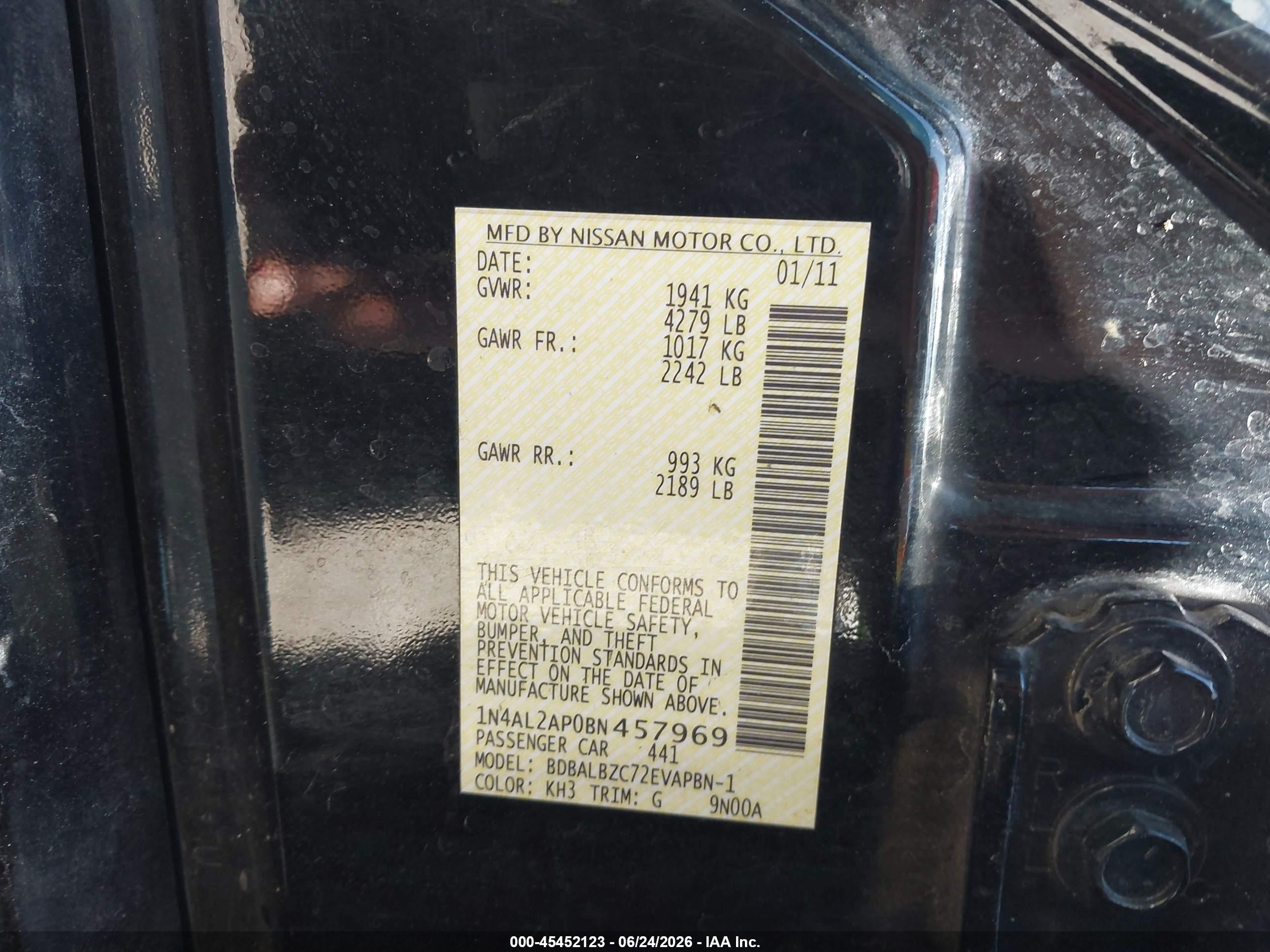 2011 Nissan Altima 2.5 S Black vin: 1N4AL2AP0BN457969