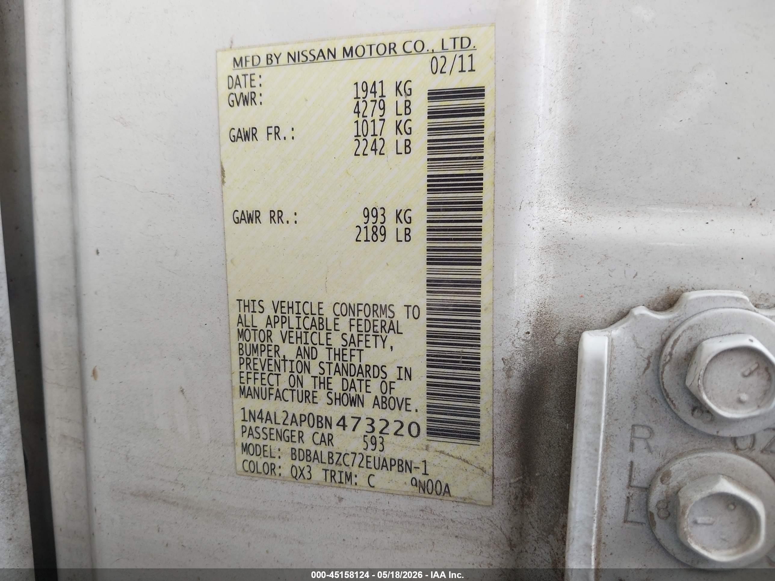 2011 Nissan Altima 2.5 S White vin: 1N4AL2AP0BN473220