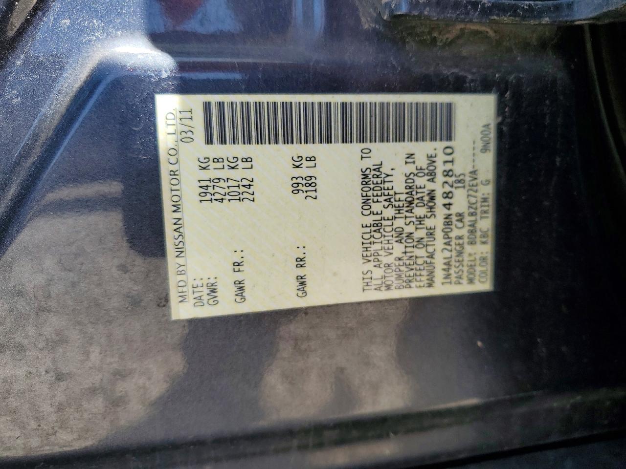 2011 Nissan Altima Base/s Gray vin: 1N4AL2AP0BN482810