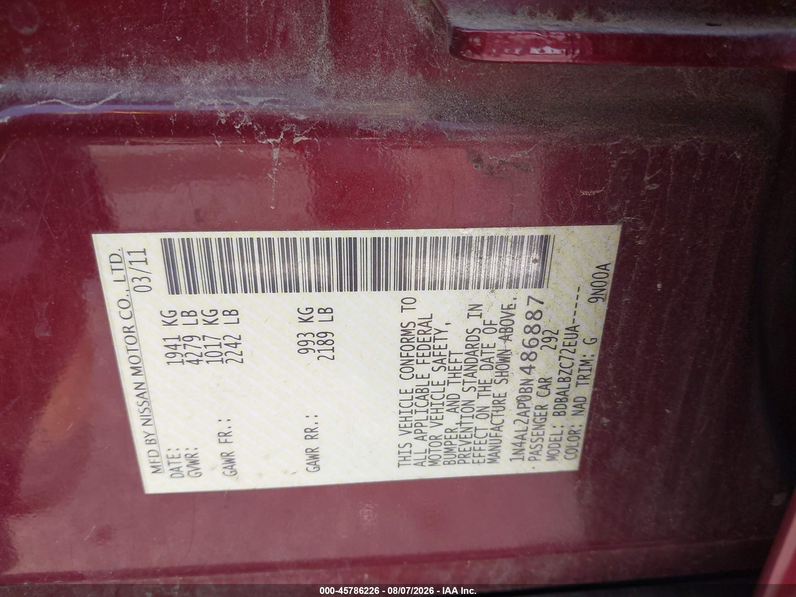 2011 Nissan Altima 2.5 S Red vin: 1N4AL2AP0BN486887