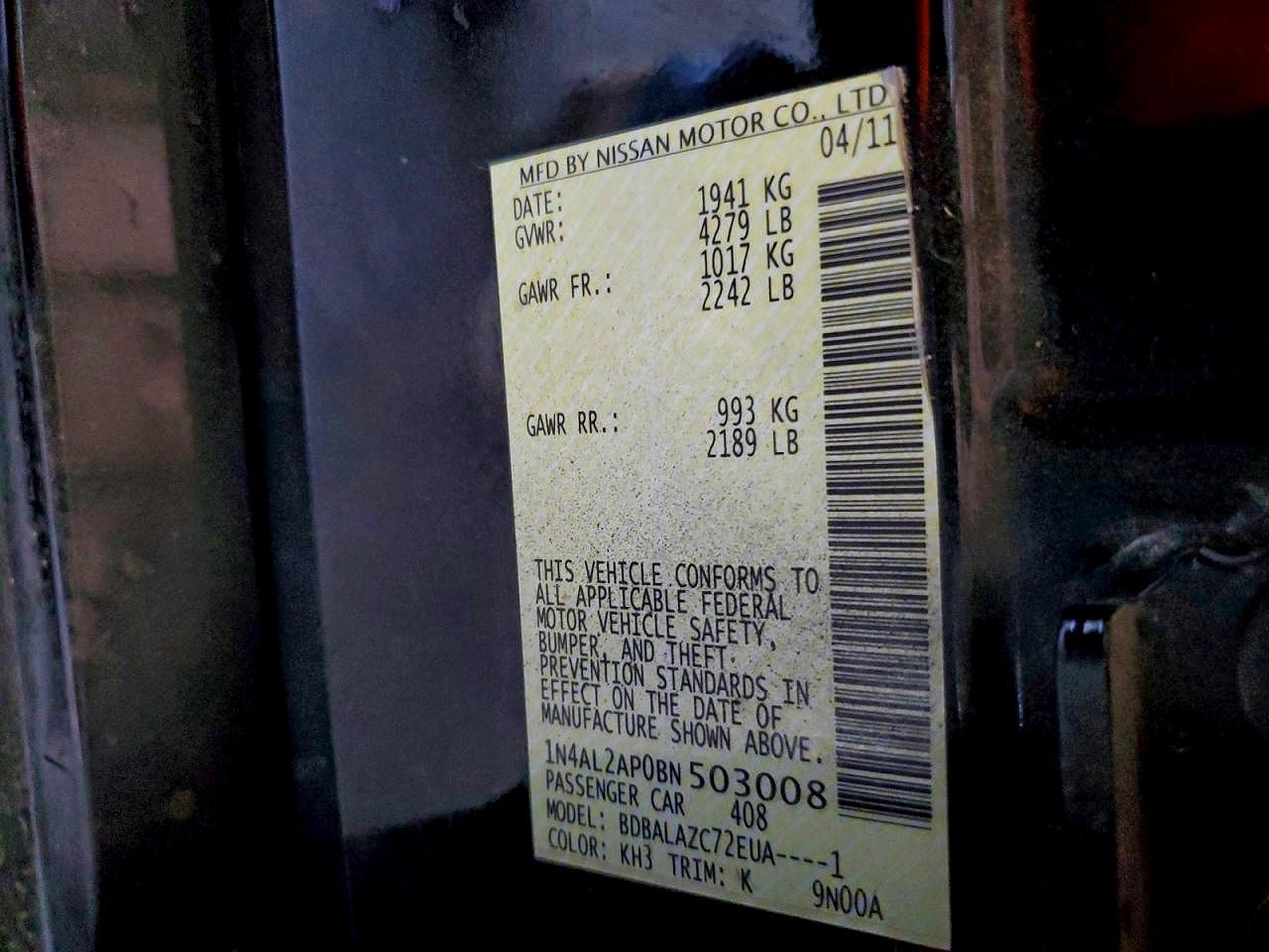 2011 Nissan Altima 2.5 Черный vin: 1N4AL2AP0BN503008