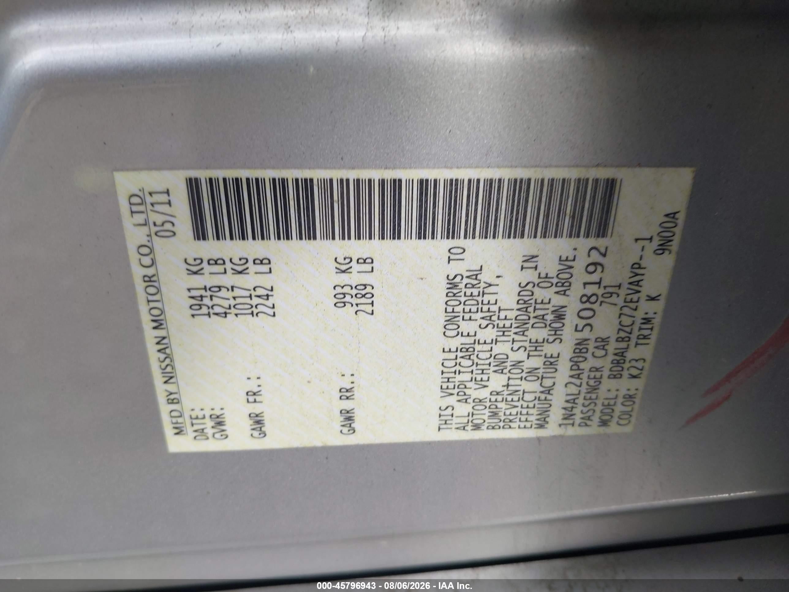 2011 Nissan Altima 2.5 S Silver vin: 1N4AL2AP0BN508192