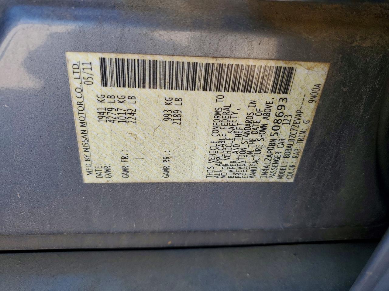 2011 Nissan Altima 2.5 Gray vin: 1N4AL2AP0BN508693