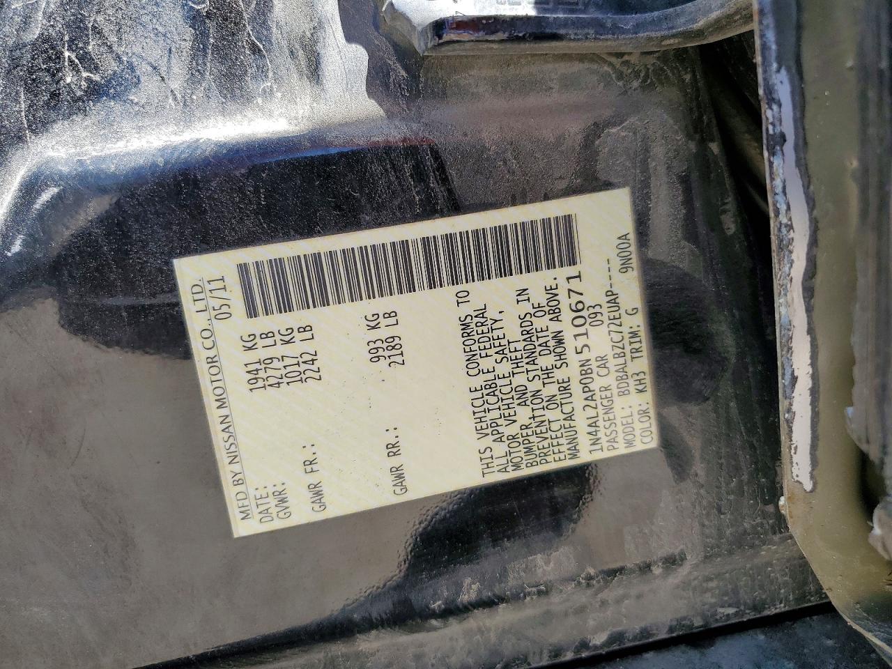 2011 Nissan Altima 2.5 Black vin: 1N4AL2AP0BN510671