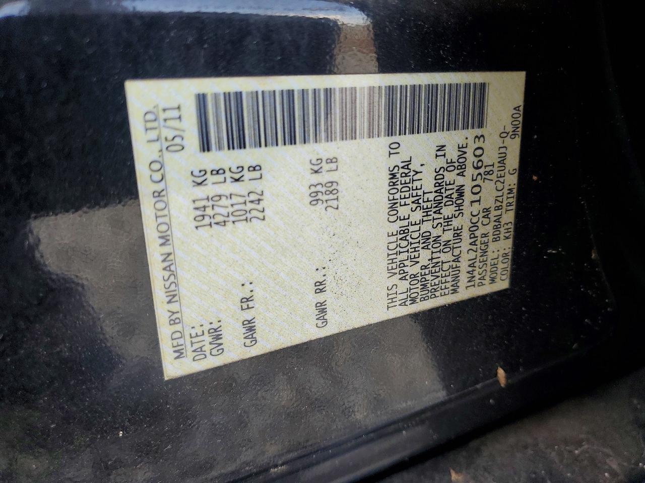 2012 Nissan Altima 2.5 Black vin: 1N4AL2AP0CC105603