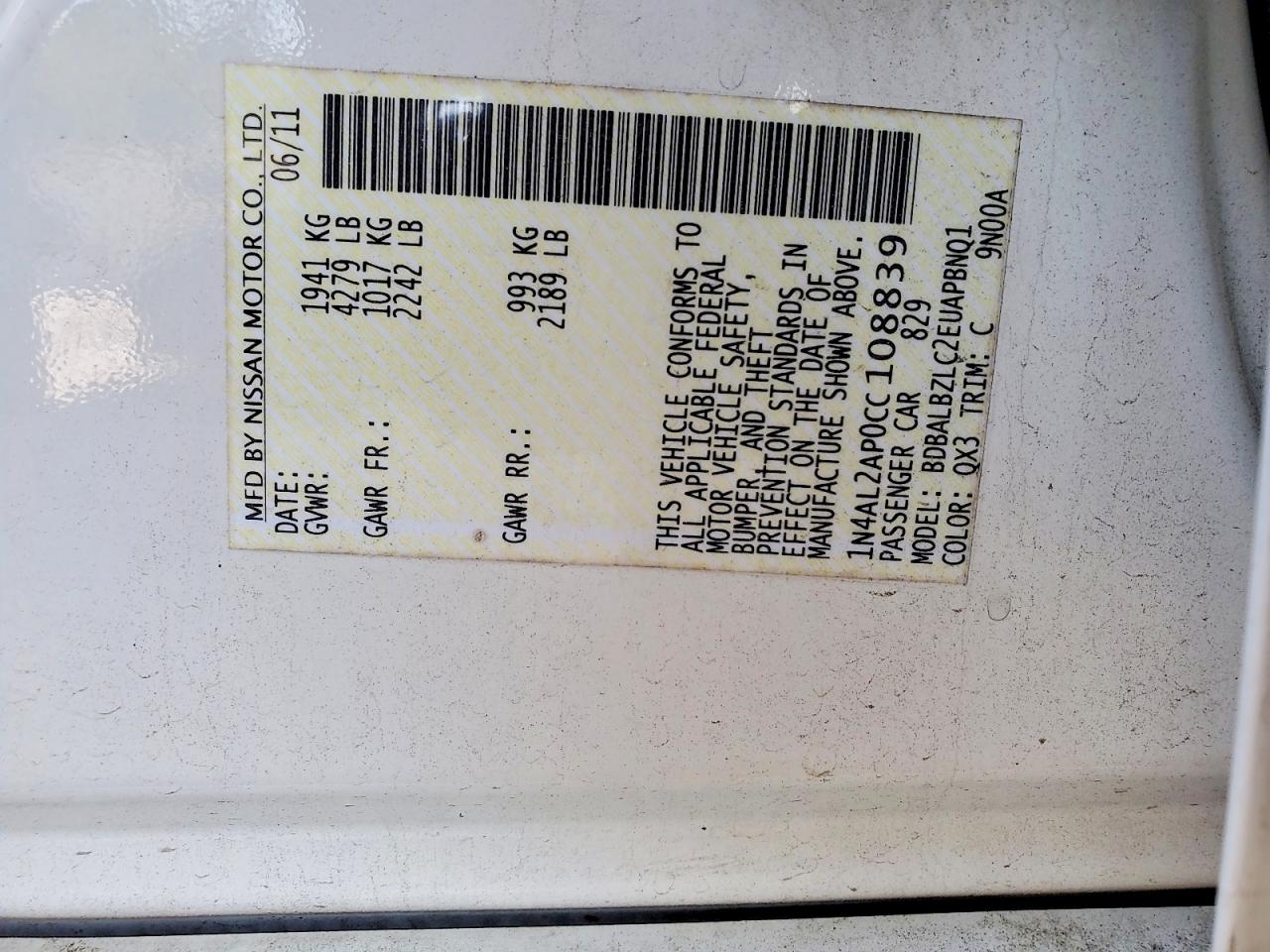 2012 Nissan Altima 2.5 White vin: 1N4AL2AP0CC108839