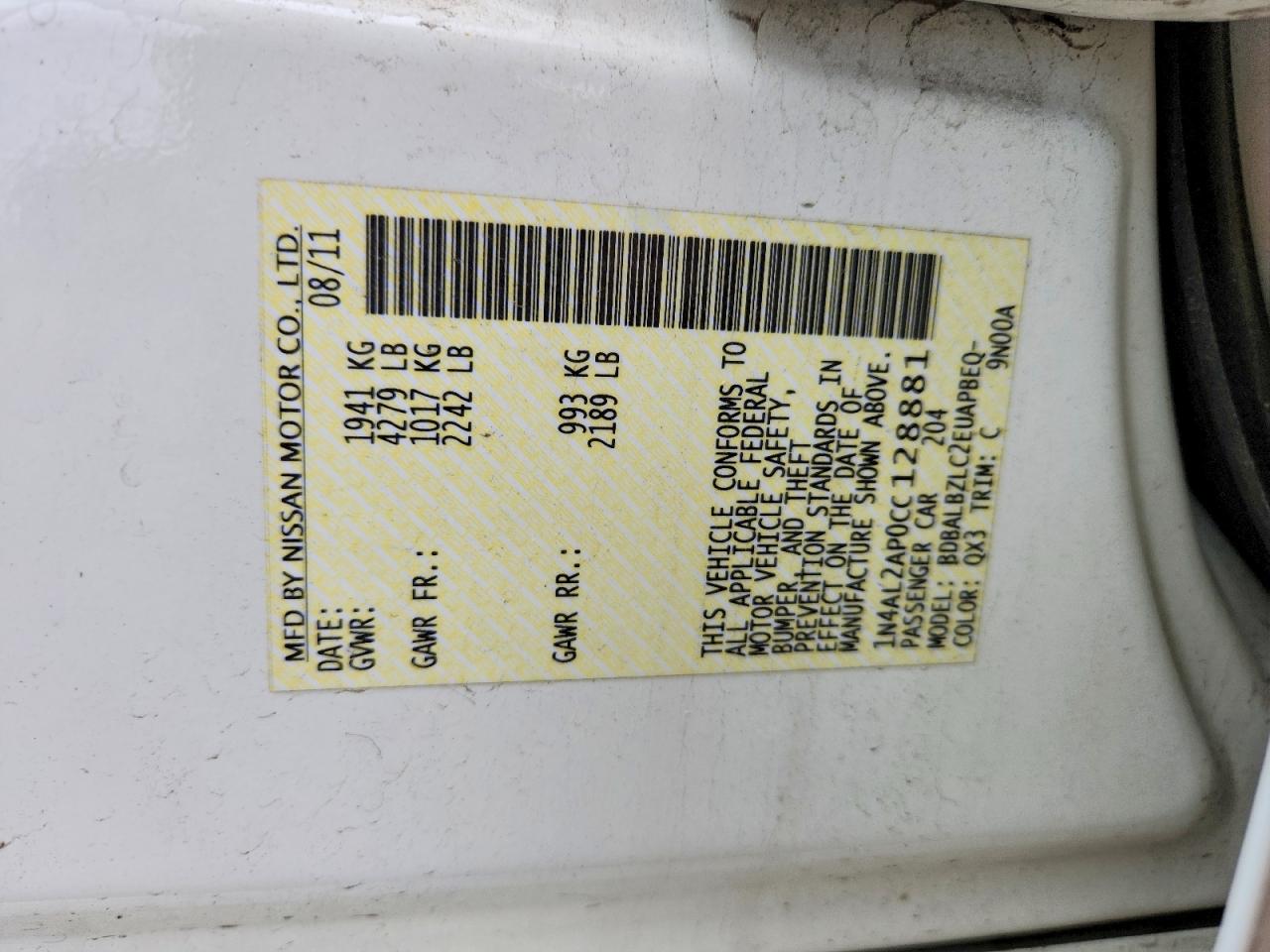 2012 Nissan Altima 2.5 White vin: 1N4AL2AP0CC128881