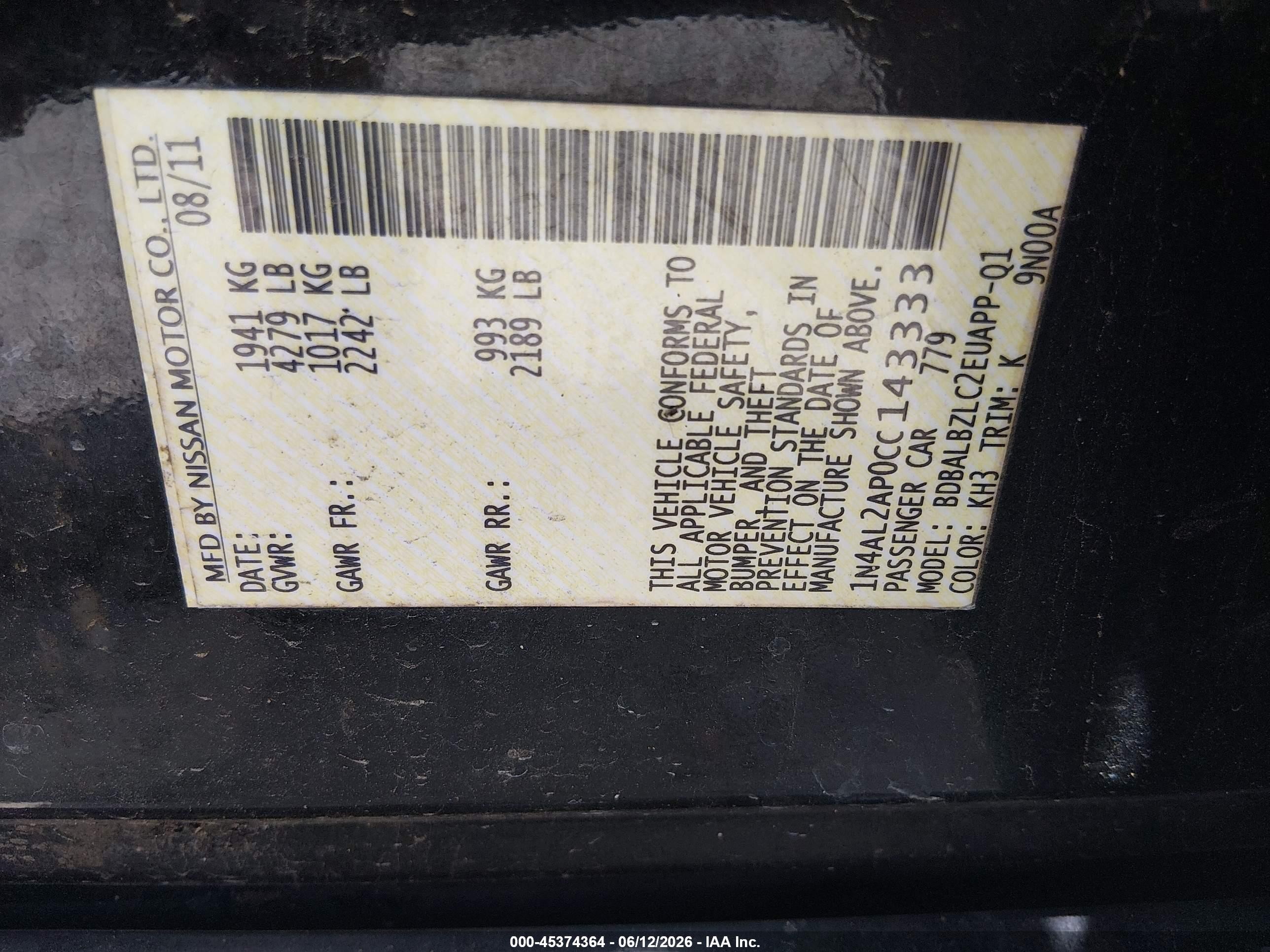 2012 Nissan Altima 2.5 S Black vin: 1N4AL2AP0CC143333