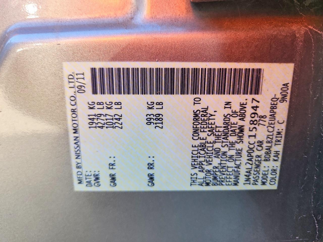 2012 Nissan Altima 2.5 Gold vin: 1N4AL2AP0CC158947