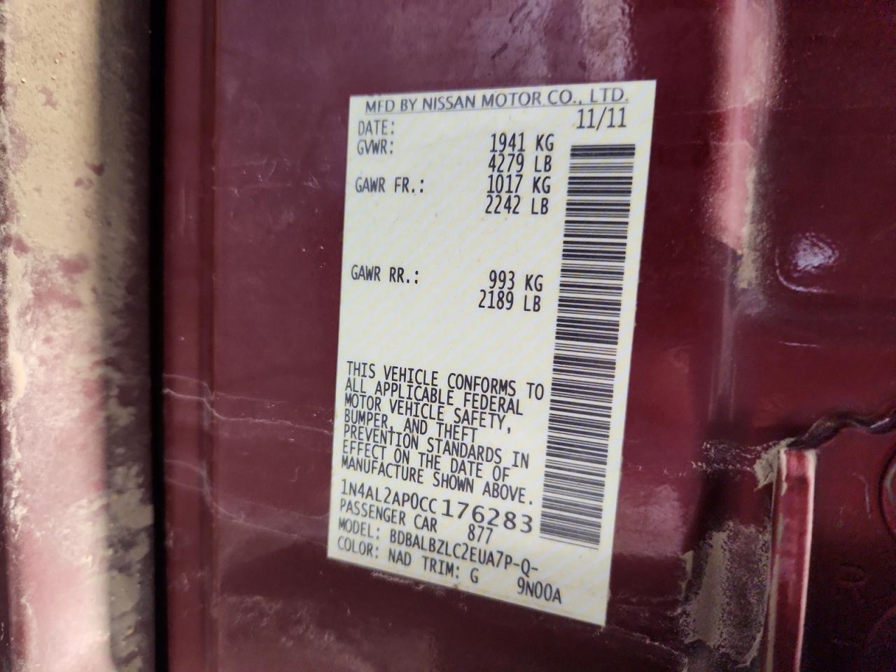 2012 Nissan Altima 2.5 Burgundy vin: 1N4AL2AP0CC176283