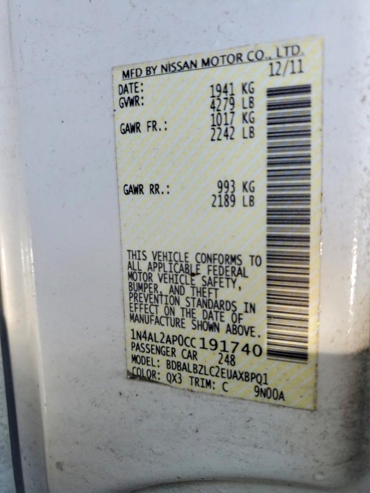 2012 Nissan Altima 2.5 White vin: 1N4AL2AP0CC191740