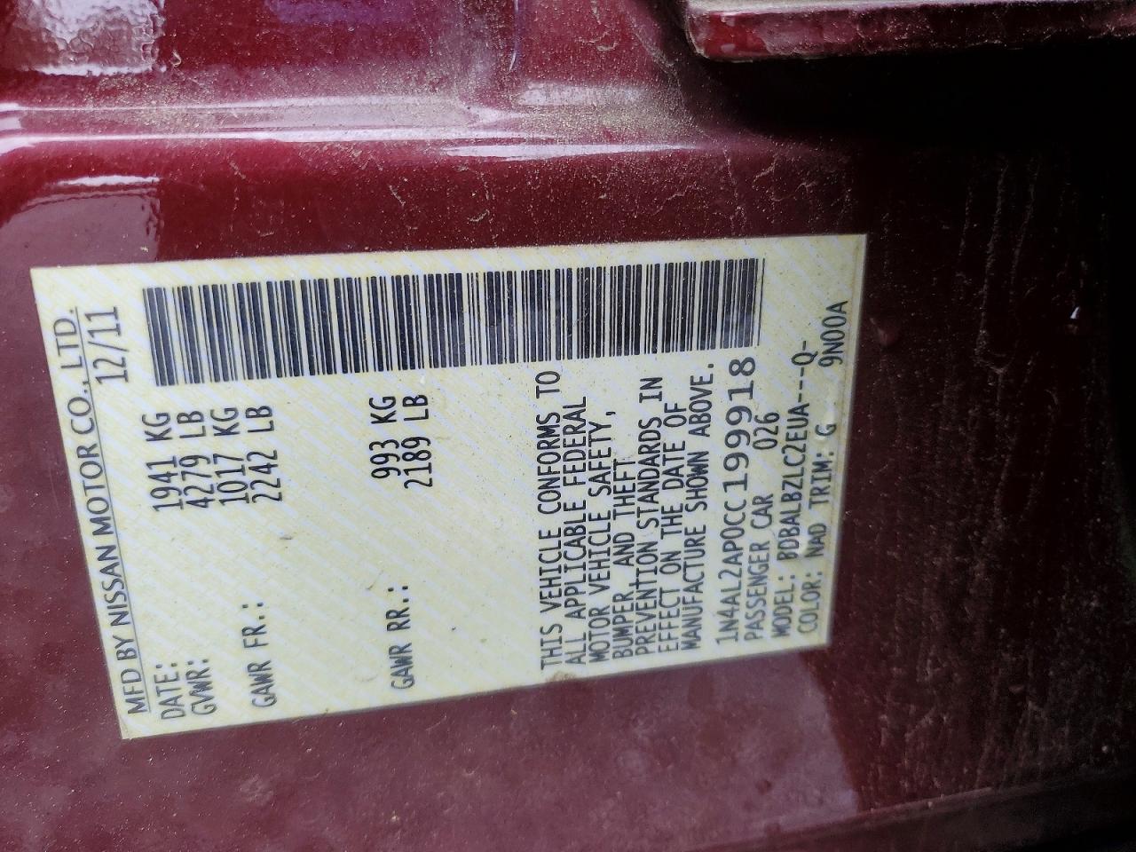 2012 Nissan Altima 2.5 Red vin: 1N4AL2AP0CC199918