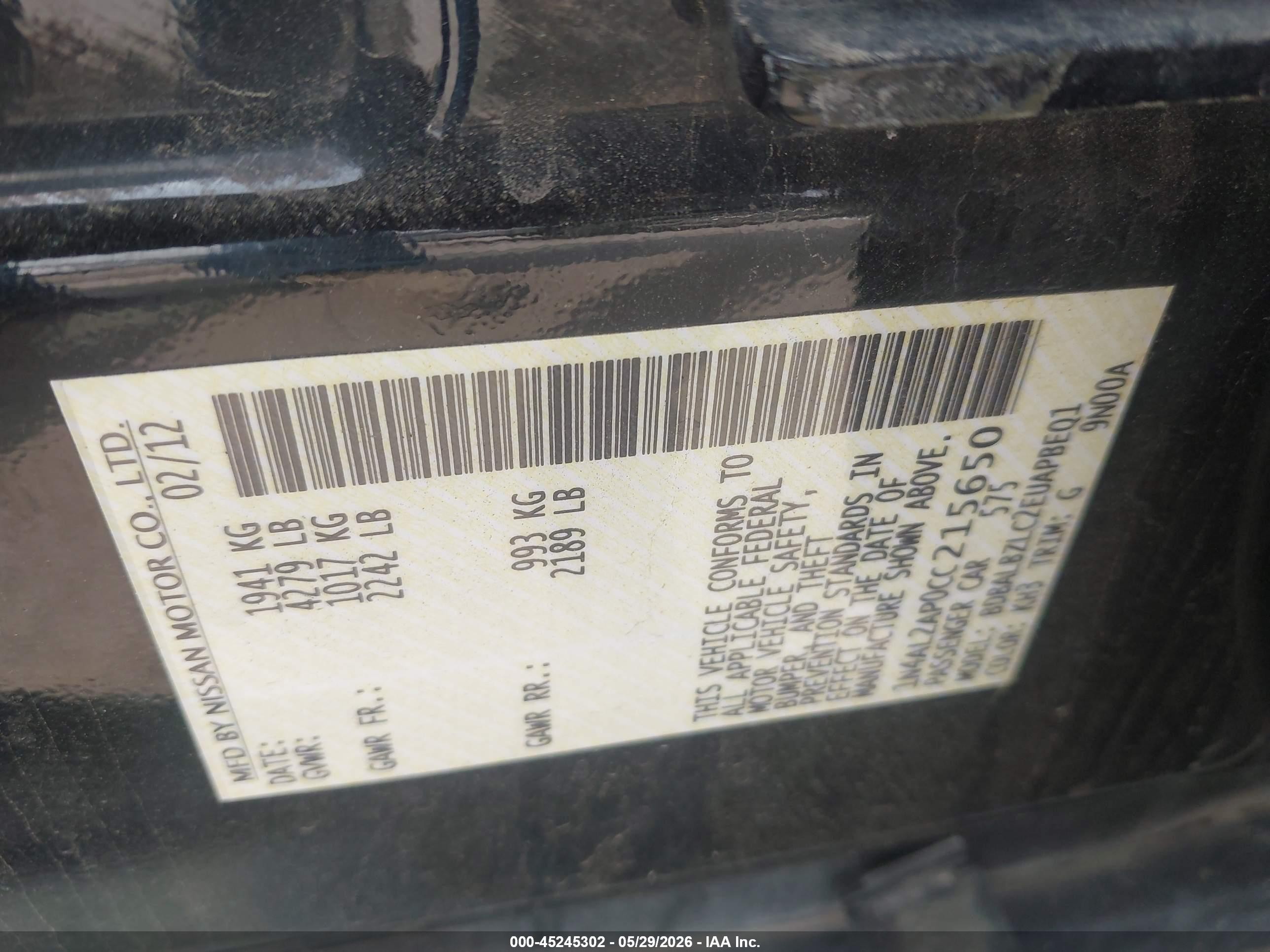 2012 Nissan Altima 2.5 S Black vin: 1N4AL2AP0CC215650