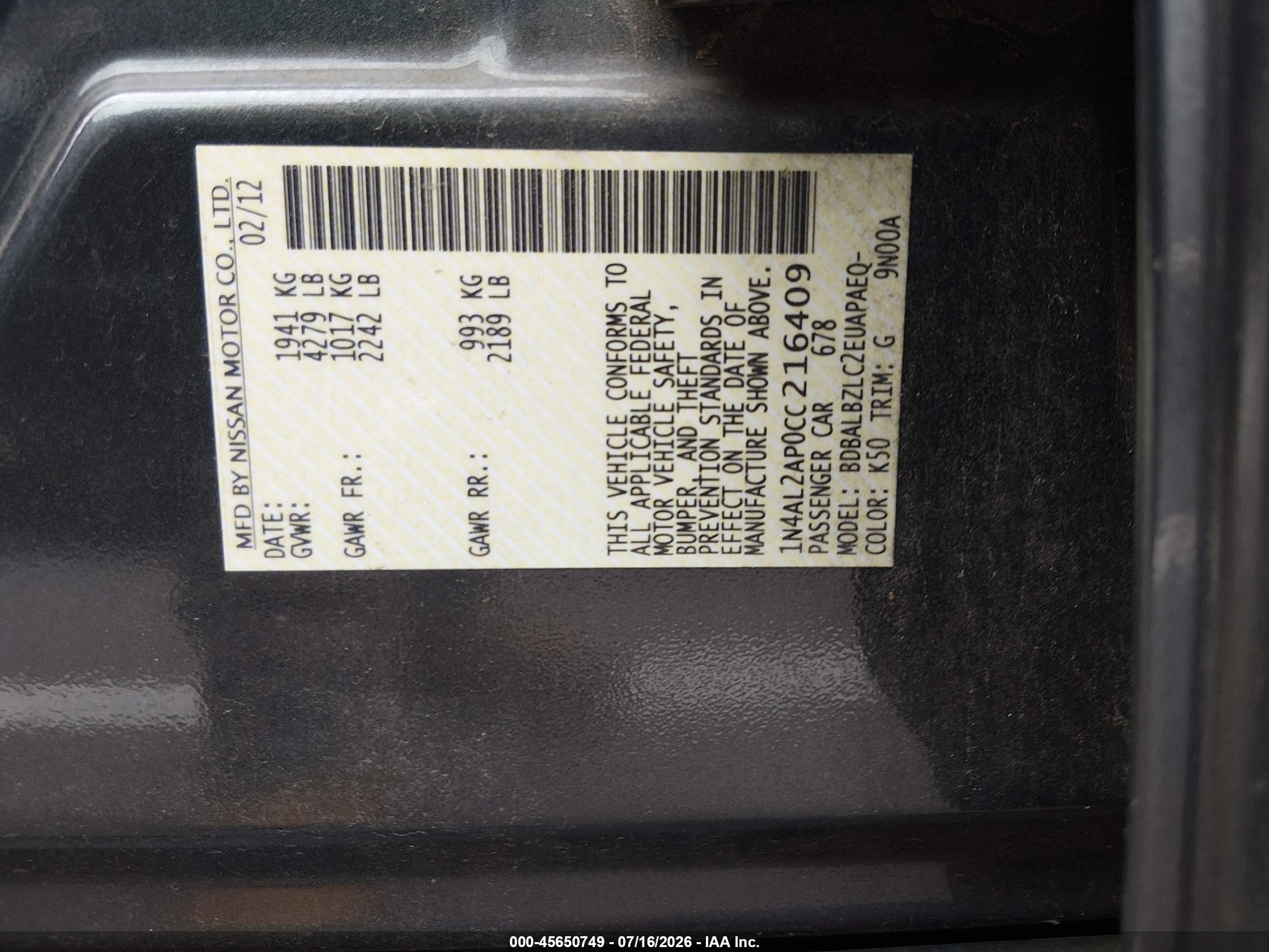 2012 Nissan Altima 2.5 S Blue vin: 1N4AL2AP0CC216409