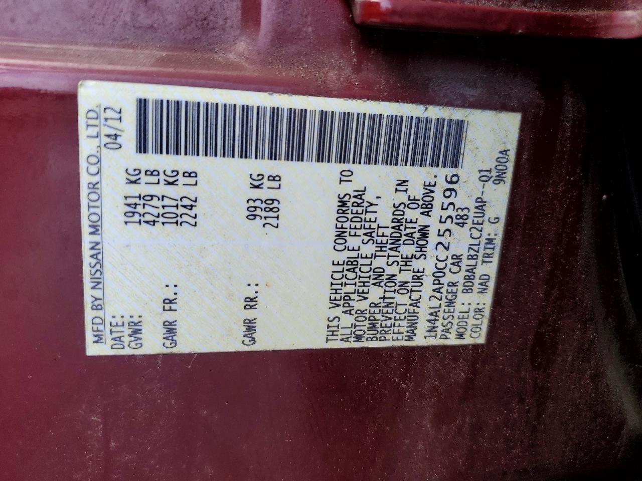 2012 Nissan Altima 2.5 Burgundy vin: 1N4AL2AP0CC255596