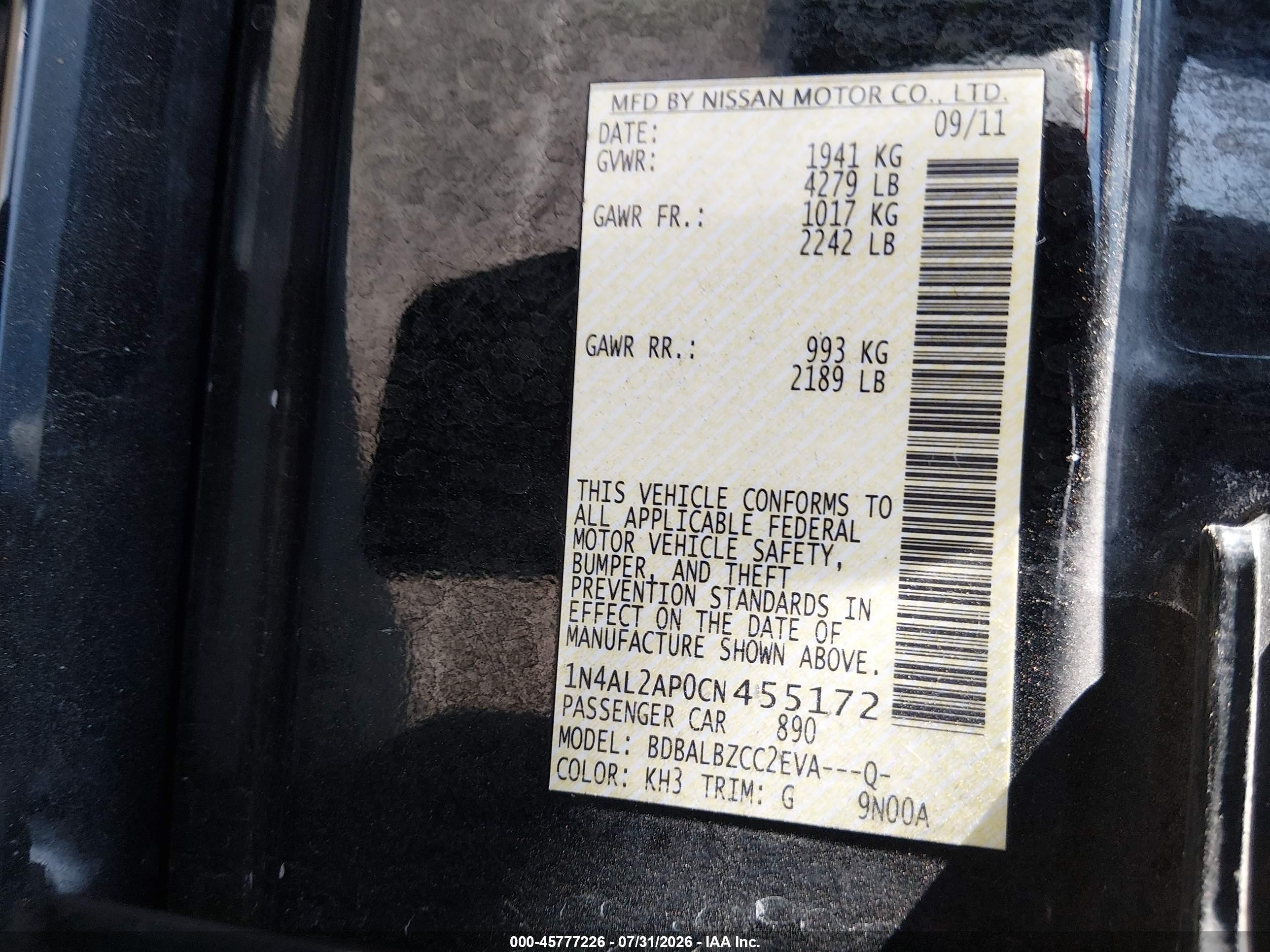 2012 Nissan Altima 2.5 S Black vin: 1N4AL2AP0CN455172
