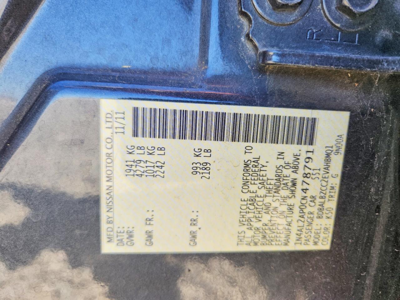 2012 Nissan Altima 2.5 Charcoal vin: 1N4AL2AP0CN478791