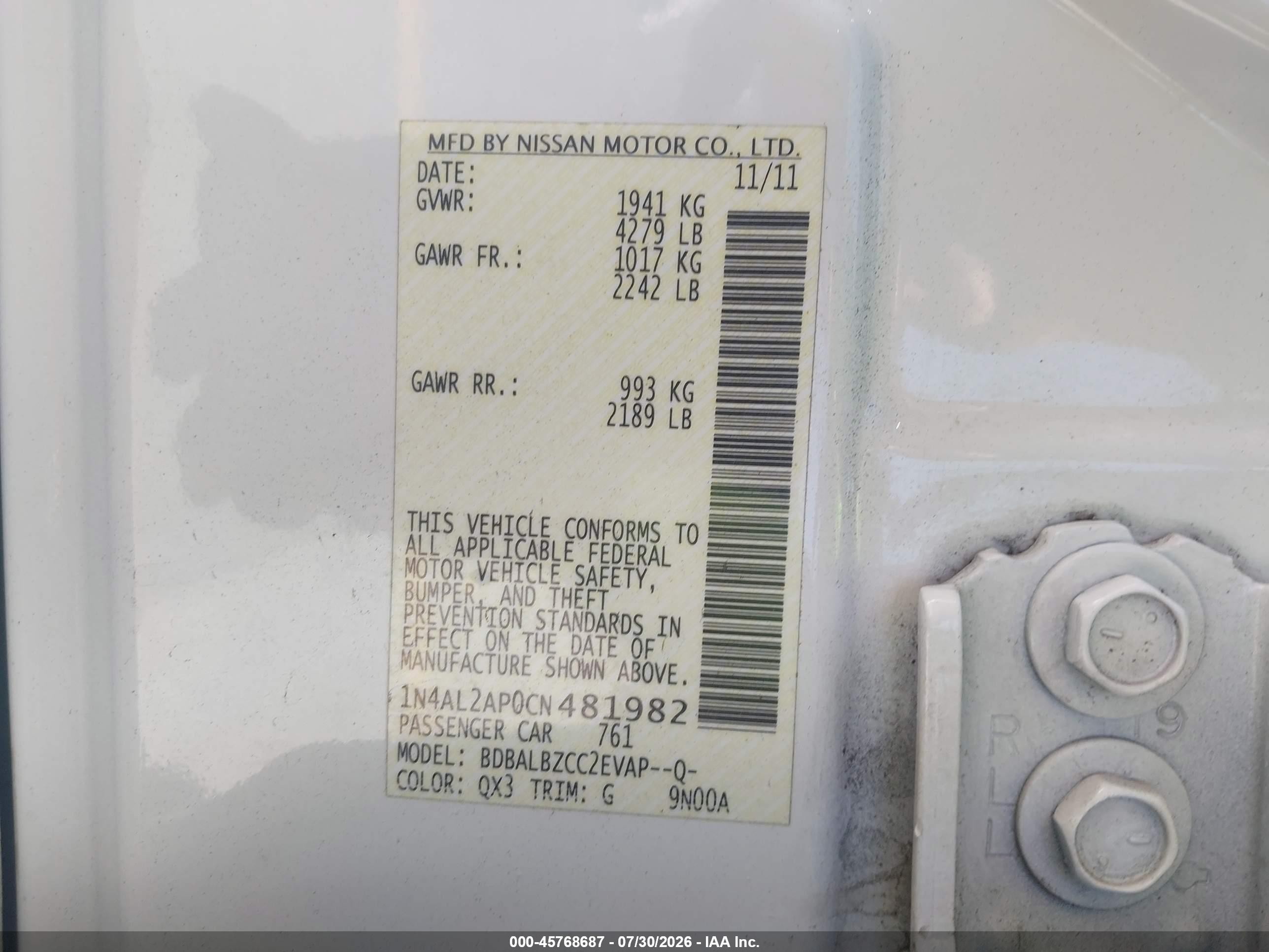 2012 Nissan Altima 2.5 S White vin: 1N4AL2AP0CN481982