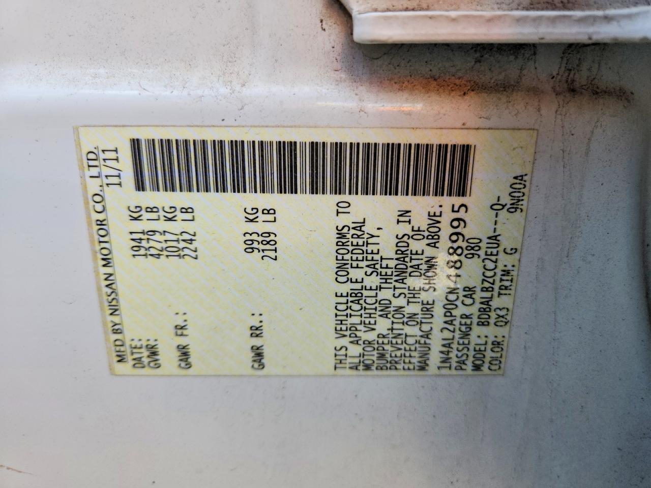 2012 Nissan Altima White vin: 1N4AL2AP0CN488995