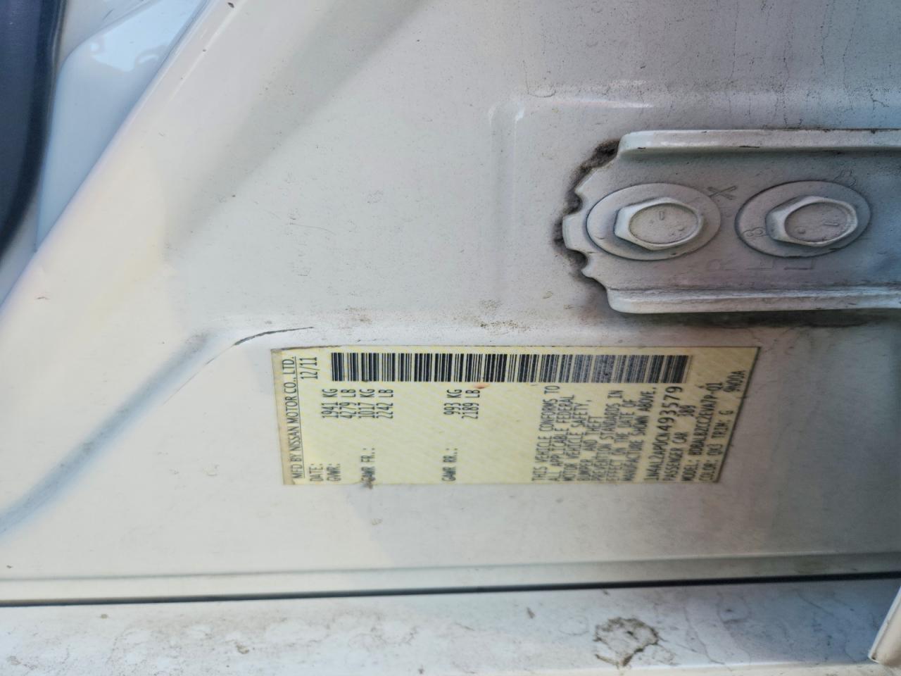 2012 Nissan Altima 2.5 White vin: 1N4AL2AP0CN493579