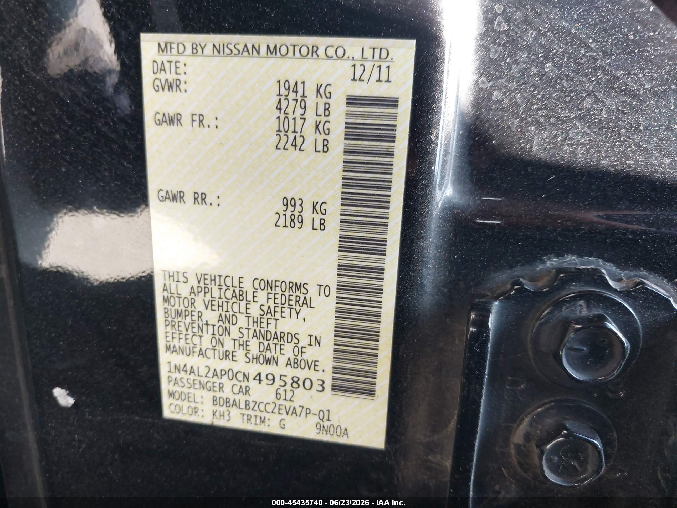 2012 Nissan Altima 2.5 S Black vin: 1N4AL2AP0CN495803
