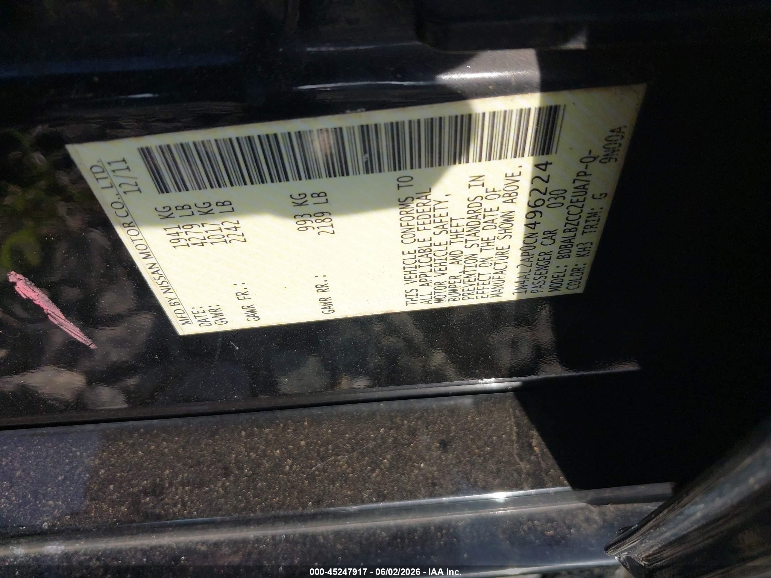 2012 Nissan Altima 2.5 S Black vin: 1N4AL2AP0CN496224