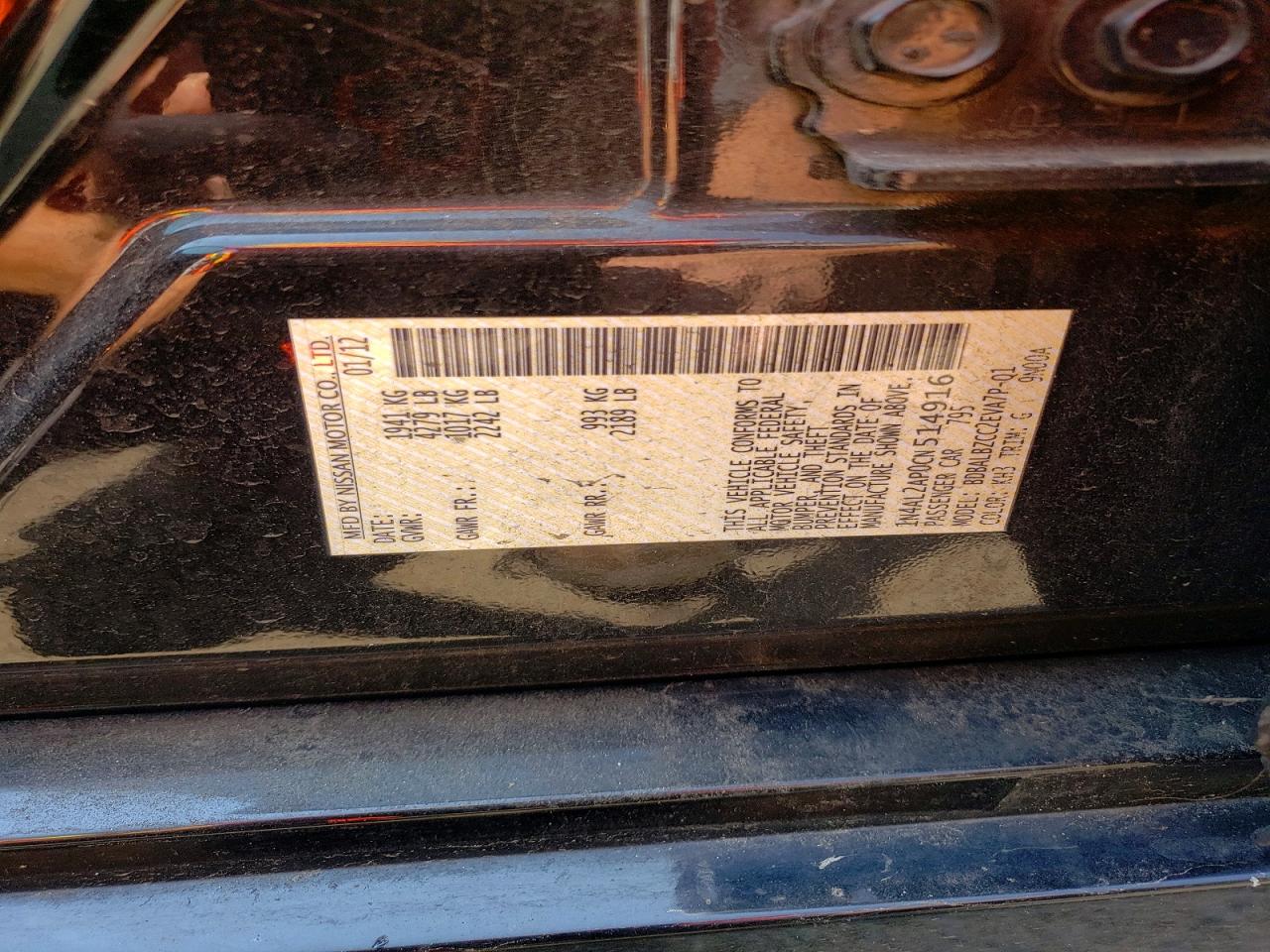 2012 Nissan Altima 2.5 Black vin: 1N4AL2AP0CN514916