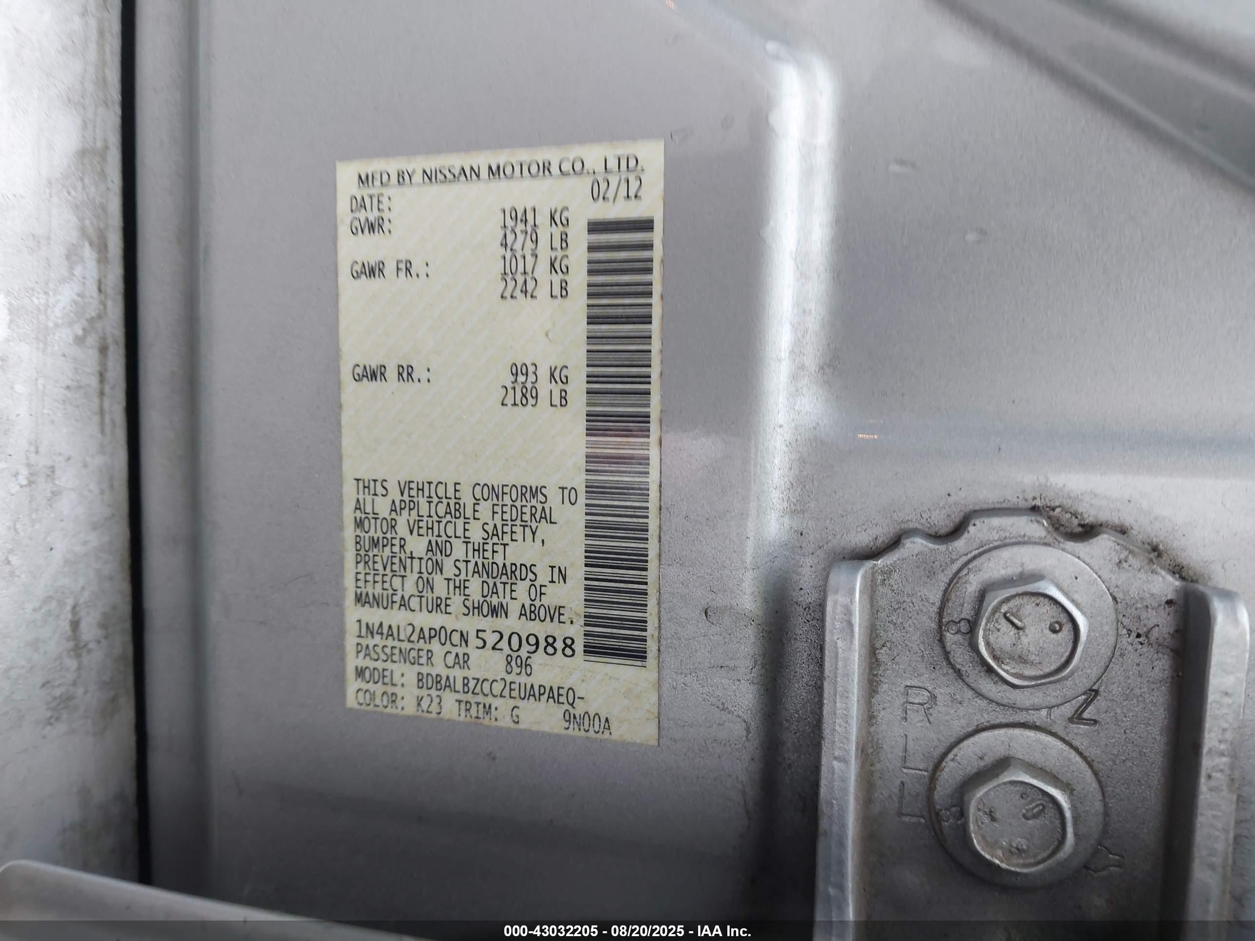 2012 Nissan Altima 2.5 S Silver vin: 1N4AL2AP0CN520988