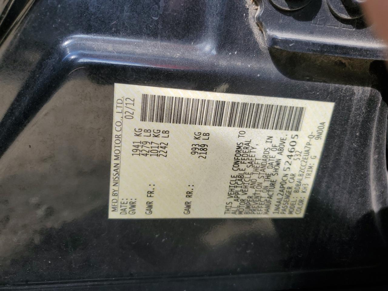 2012 Nissan Altima 2.5 Black vin: 1N4AL2AP0CN524605