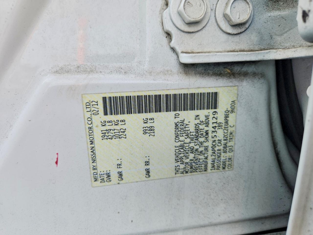 2012 Nissan Altima 2.5 White vin: 1N4AL2AP0CN534129