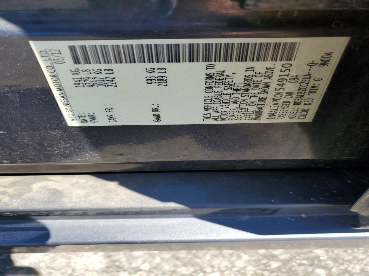 2012 Nissan Altima 2.5 Gray vin: 1N4AL2AP0CN549150