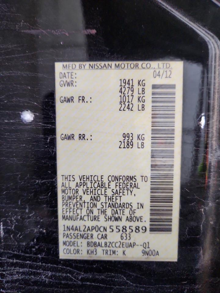 2012 Nissan Altima 2.5 Black vin: 1N4AL2AP0CN558589