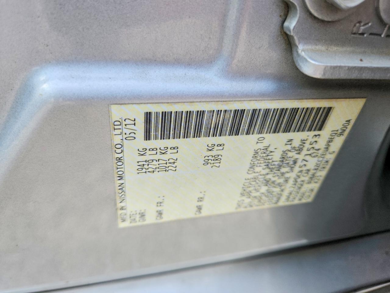 2012 Nissan Altima Base Silver vin: 1N4AL2AP0CN571553